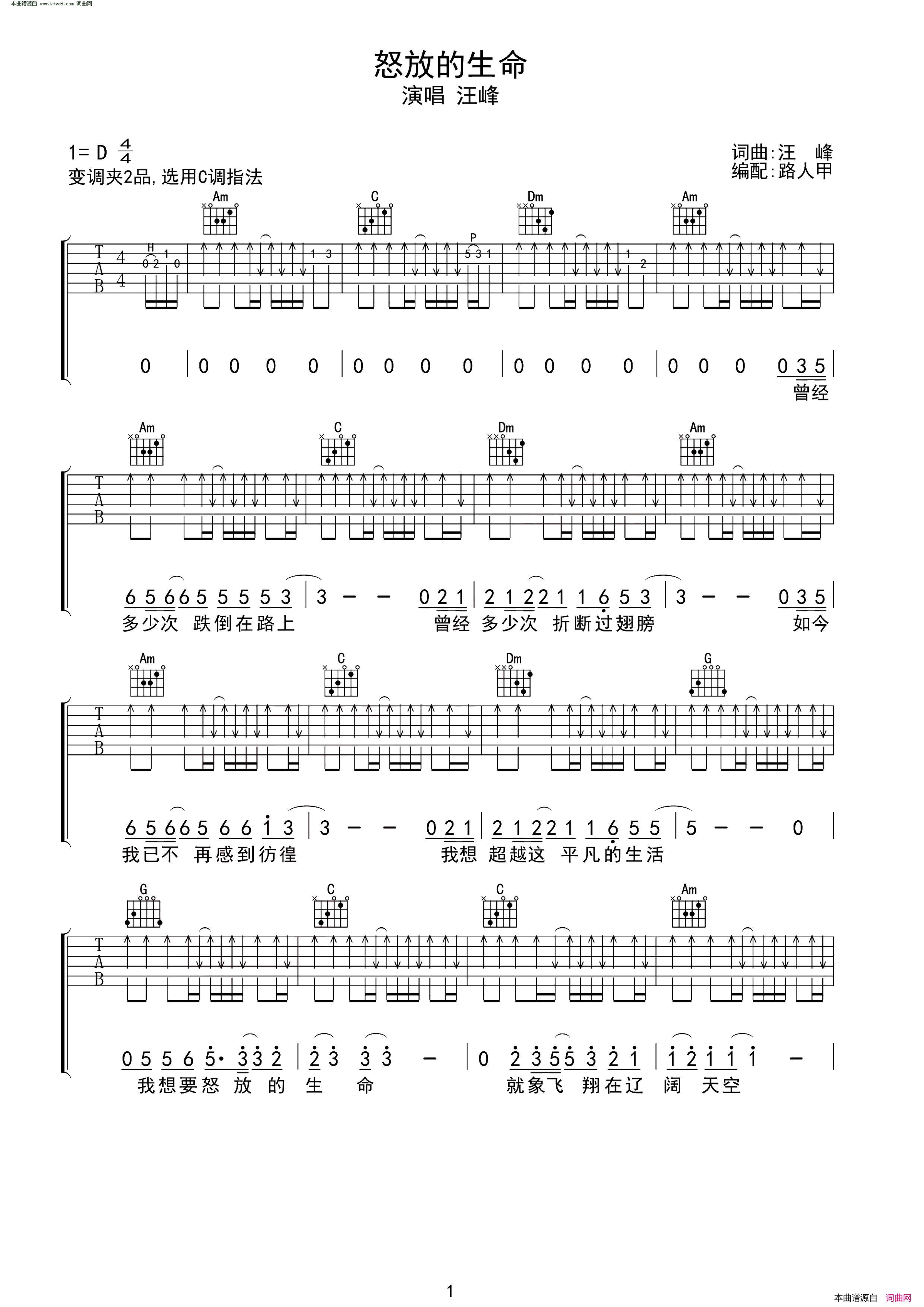 怒放的生命吉他谱 无限延音编配简谱-汪峰演唱-汪峰/汪峰词曲1