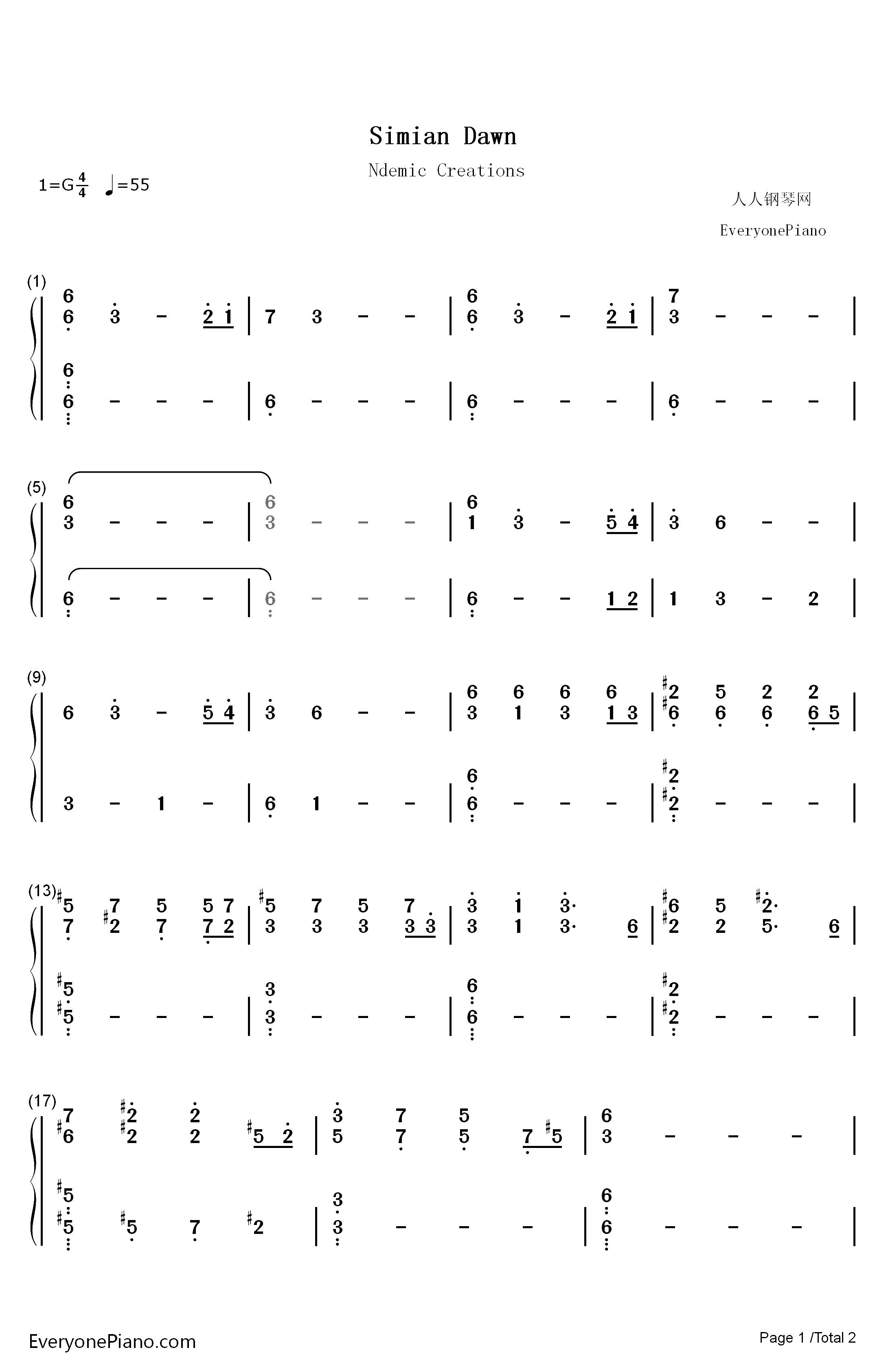 Simian Dawn钢琴简谱-数字双手-Ndemic Creations1