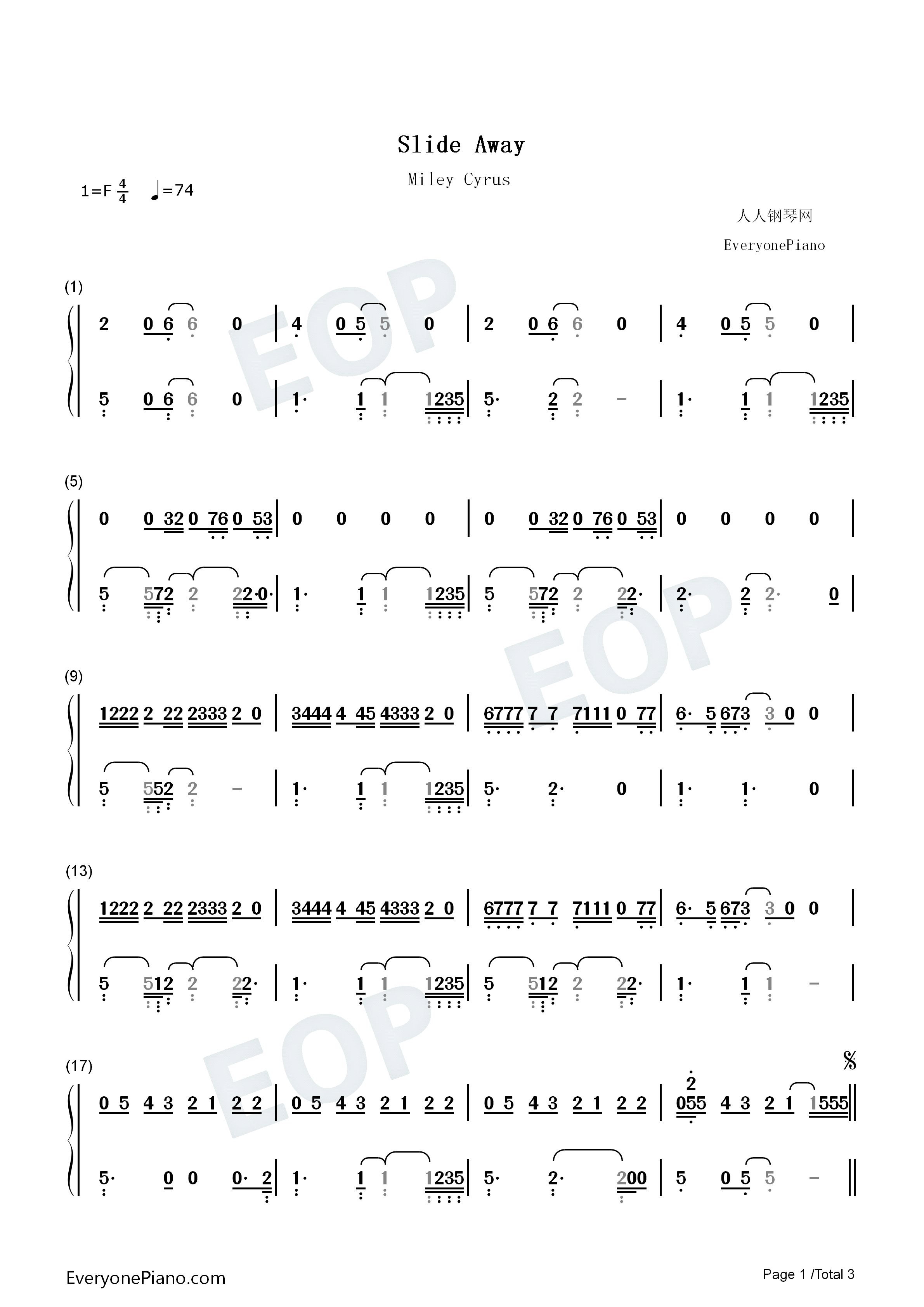 Slide Away钢琴简谱-Miley Cyrus演唱1