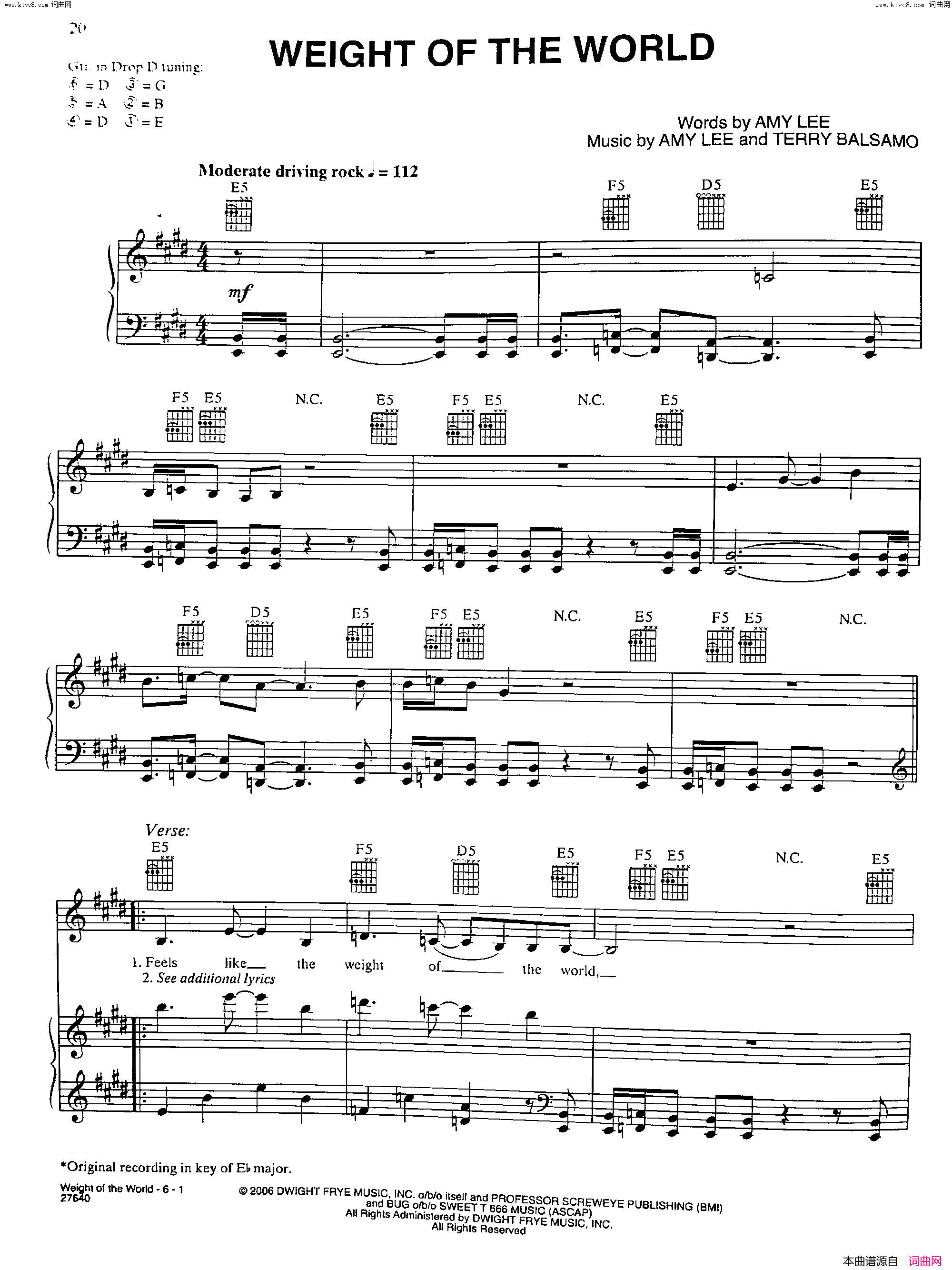 Weight Of The World歌曲 人声吉他钢琴谱简谱1