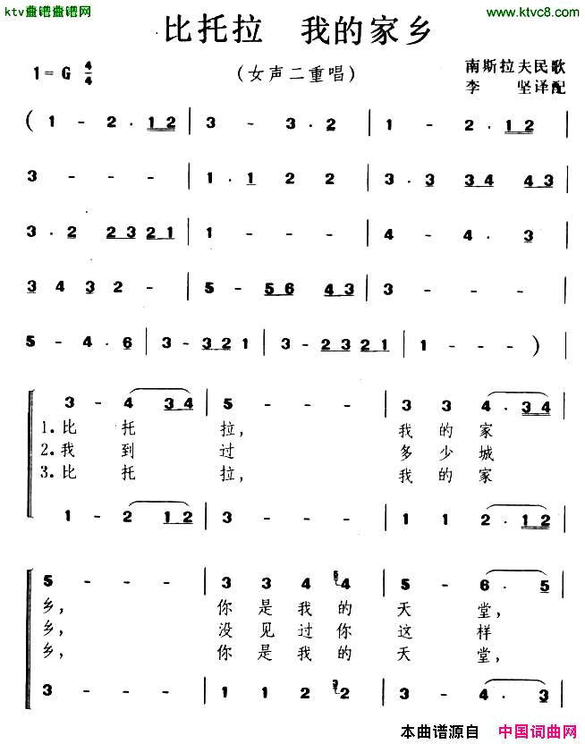 比托拉，我的家乡[前南斯拉夫]简谱1