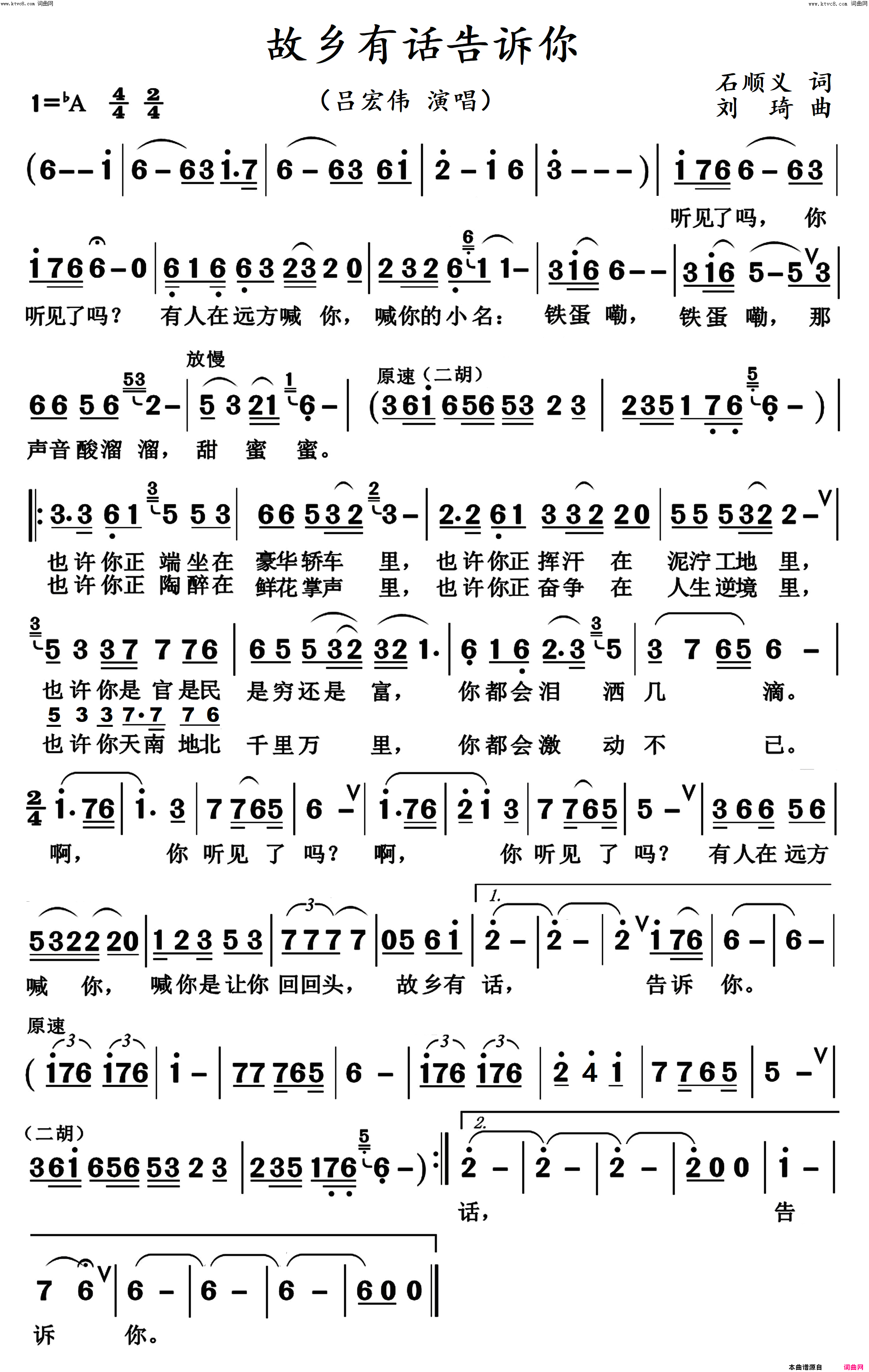 故乡有话告诉你简谱-吕宏伟演唱-杨居文曲谱1