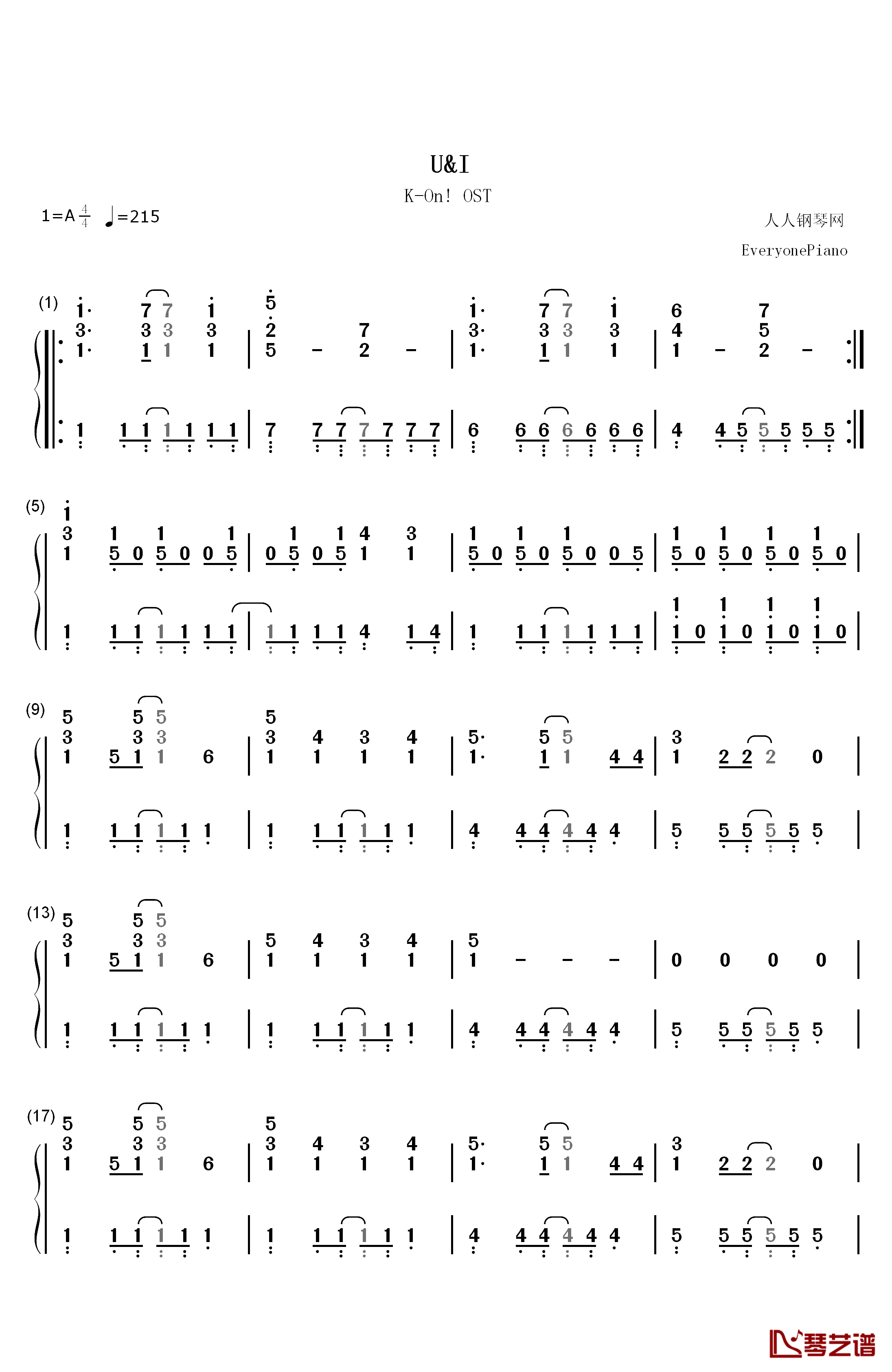 U&I钢琴简谱-数字双手-平泽唯1