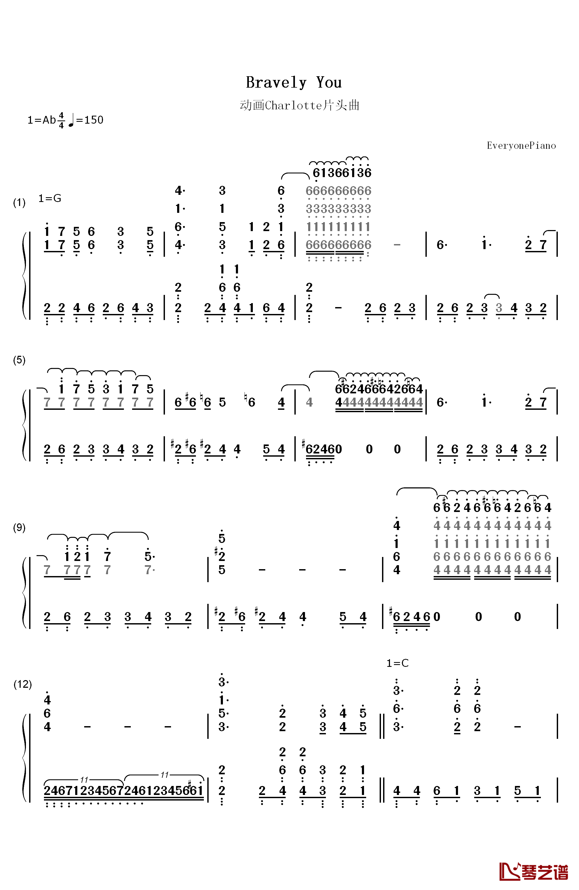 Bravely You钢琴简谱-数字双手-Lia1