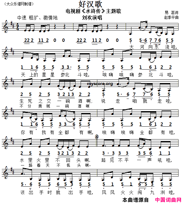 好汉歌电视剧《水浒传》片尾曲线简谱对照版简谱1