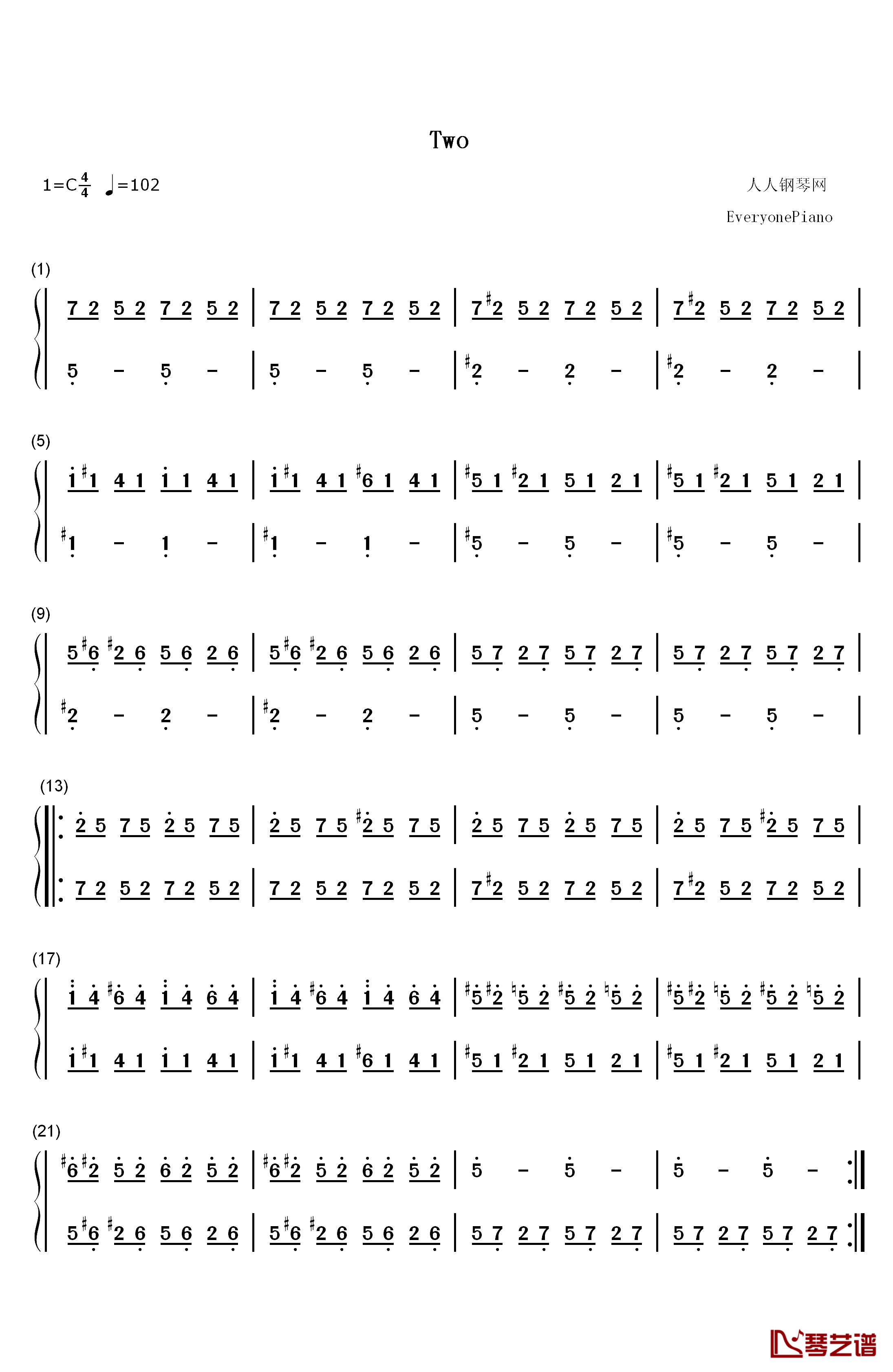 Two钢琴简谱-数字双手-Twenty One Pilots1