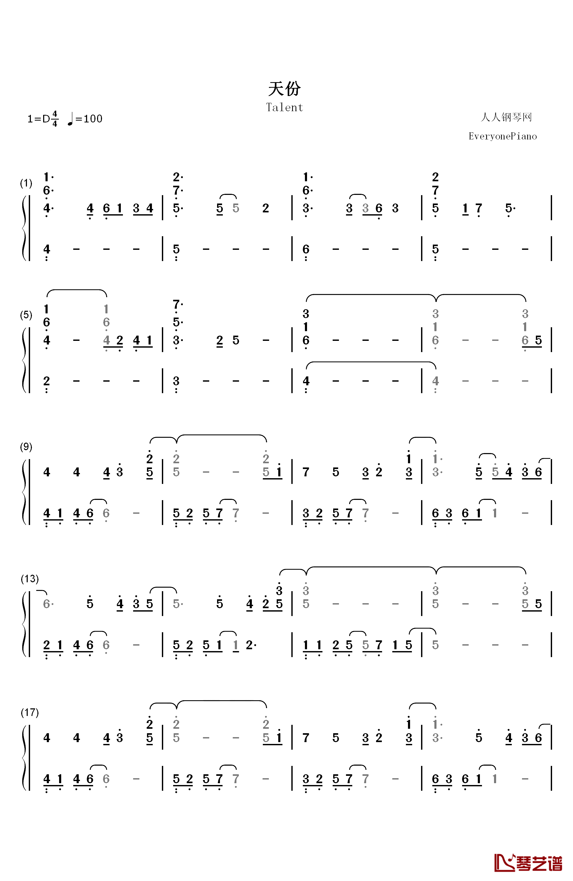 天份钢琴简谱-数字双手-薛之谦1