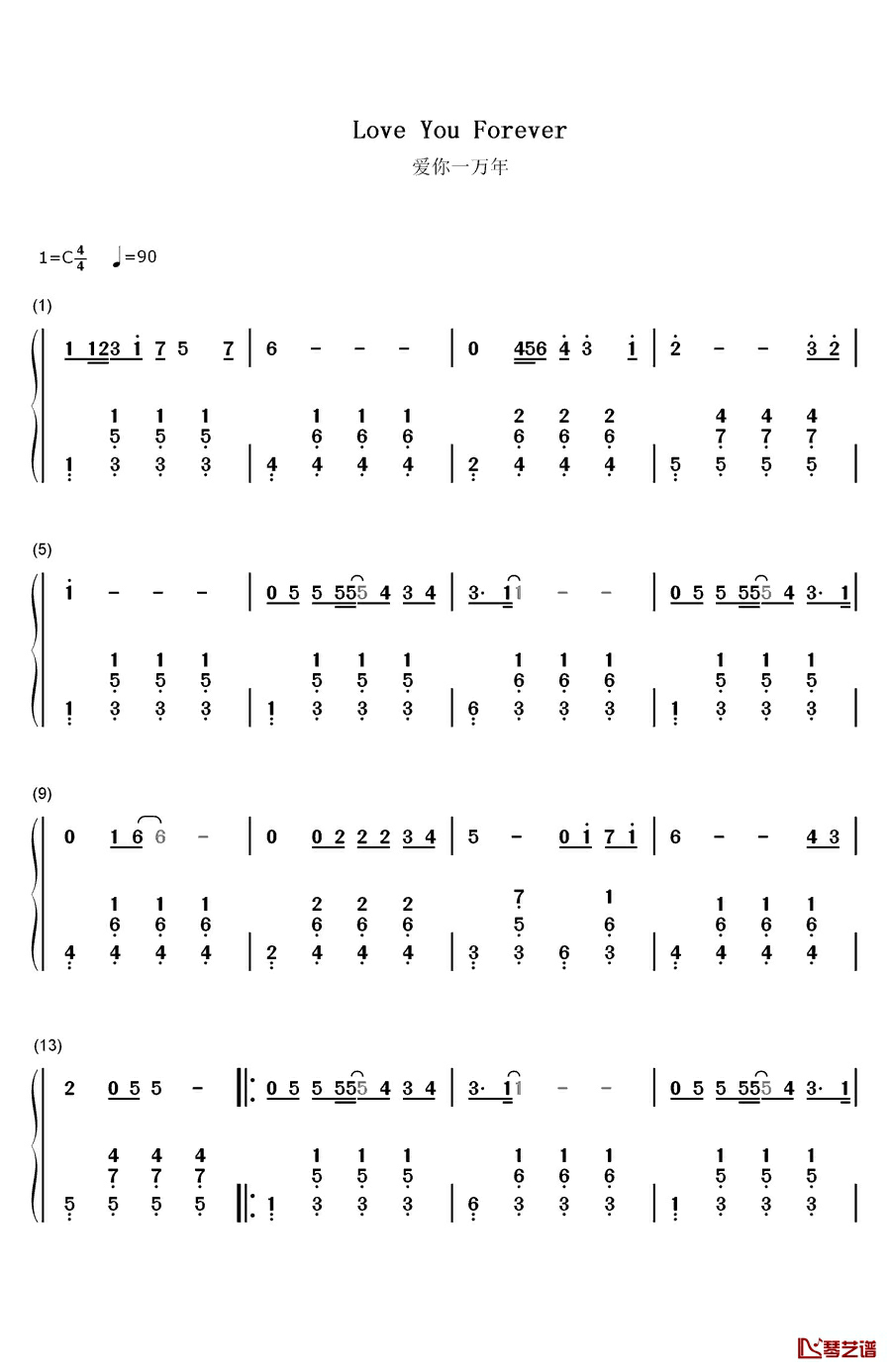 爱你一万年钢琴简谱-数字双手-刘德华1