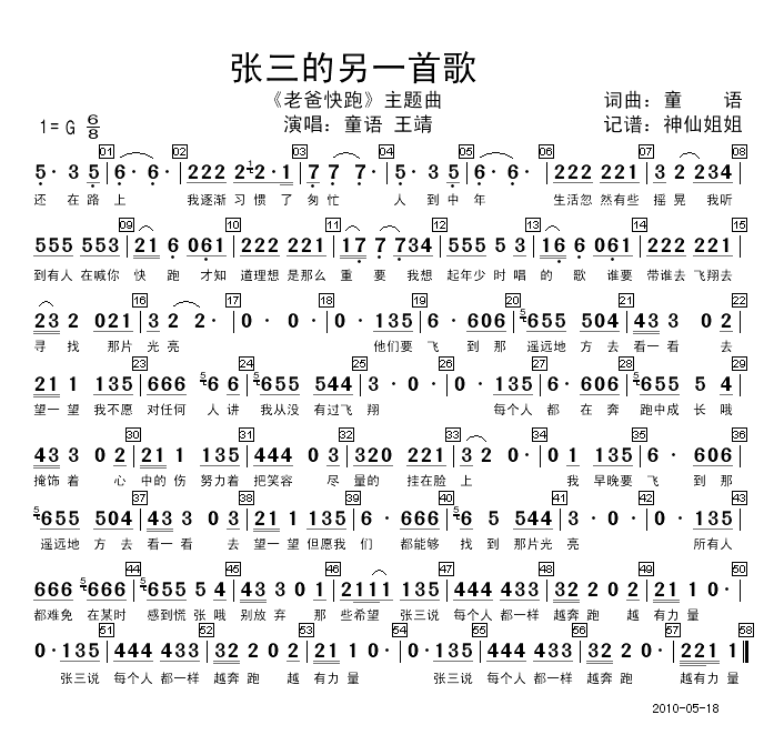 张三的另一首歌《老爸快跑》主题歌简谱-童语演唱1