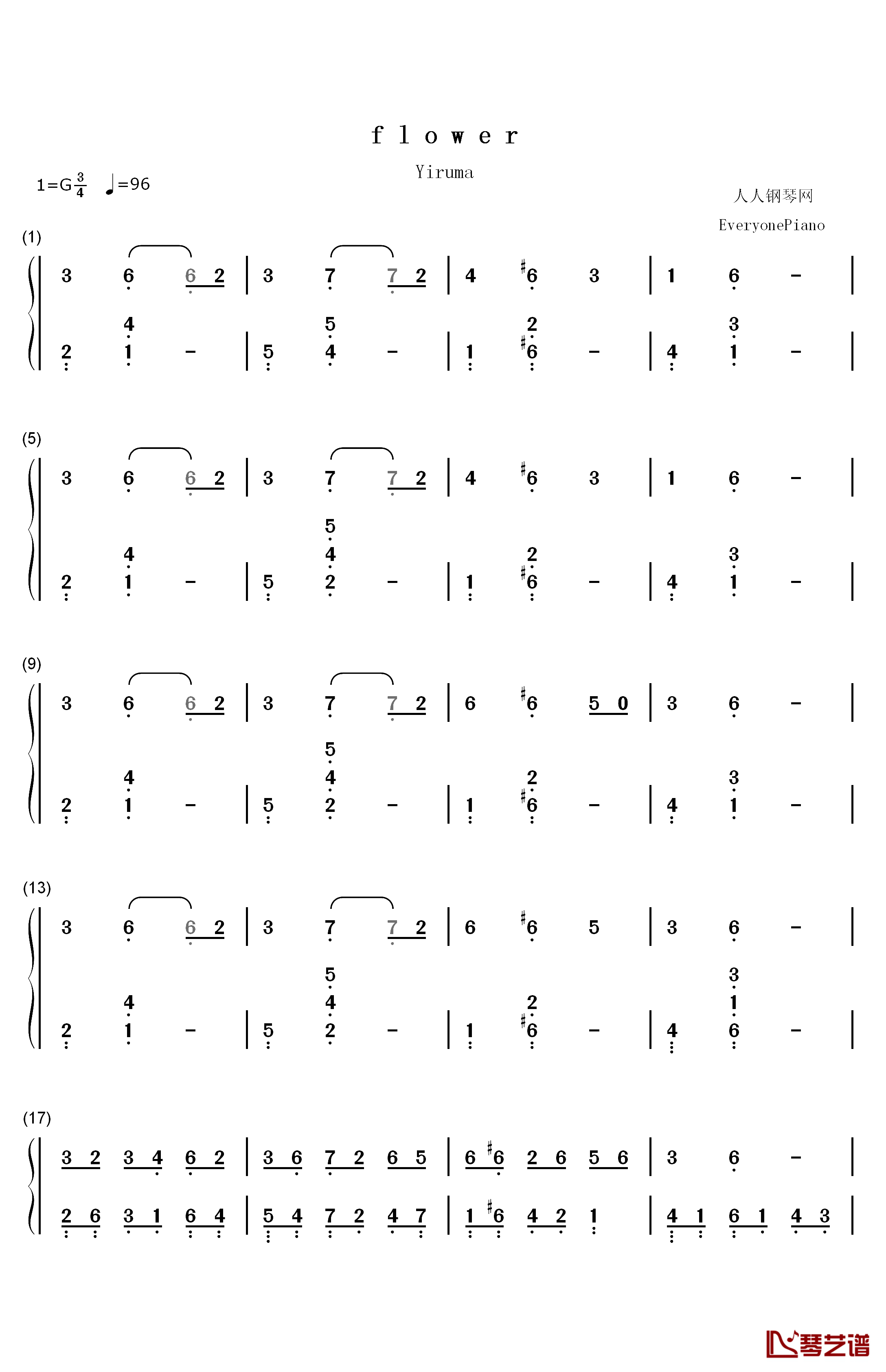 f l o w e r钢琴简谱-数字双手-李闰珉1