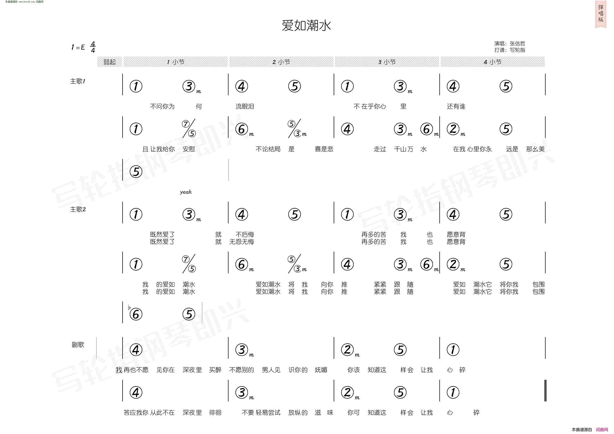 爱如潮水简和谱简谱-张信哲演唱-李宗盛/黎沸挥词曲1