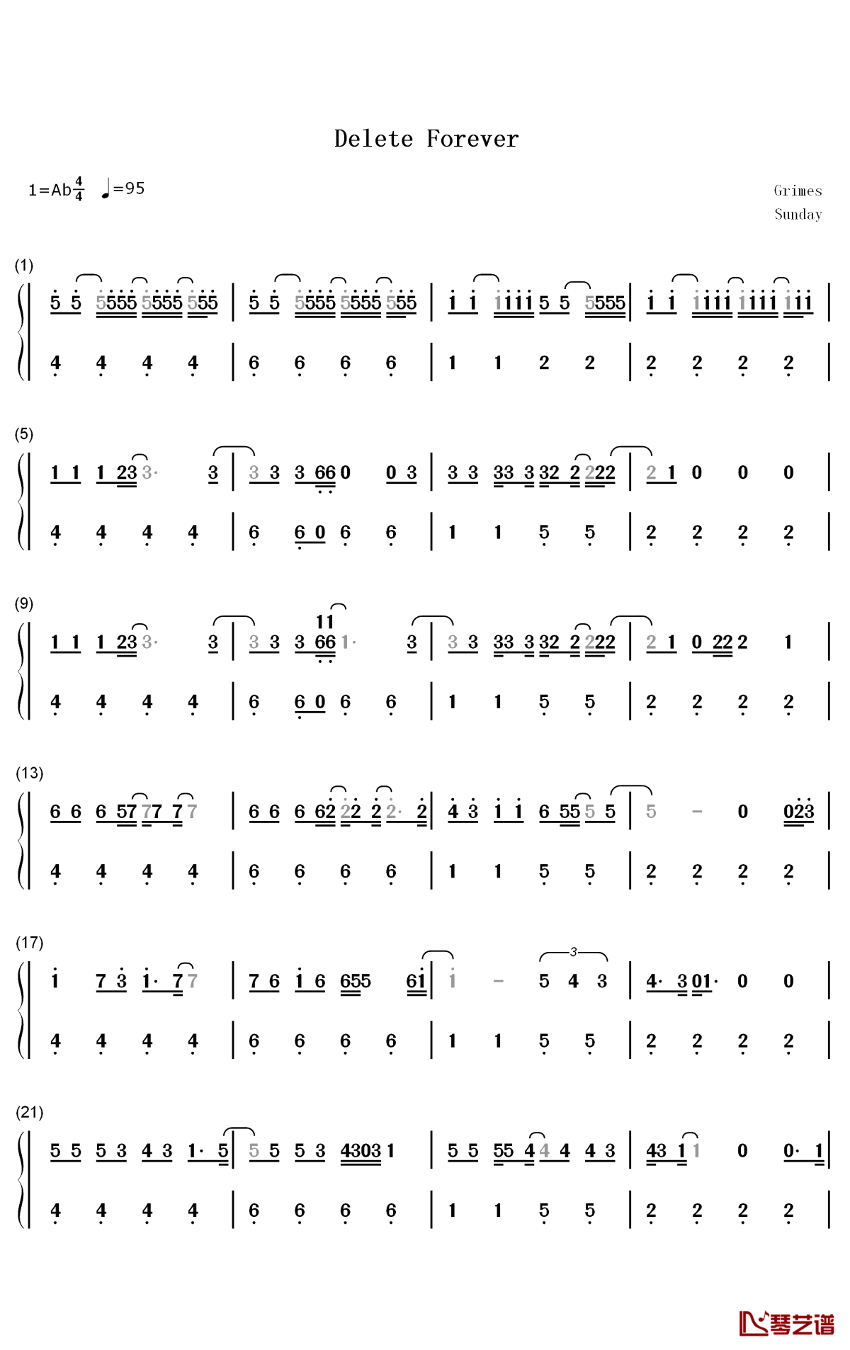 Delete Forever钢琴简谱-Grimes歌曲-数字双手曲谱1