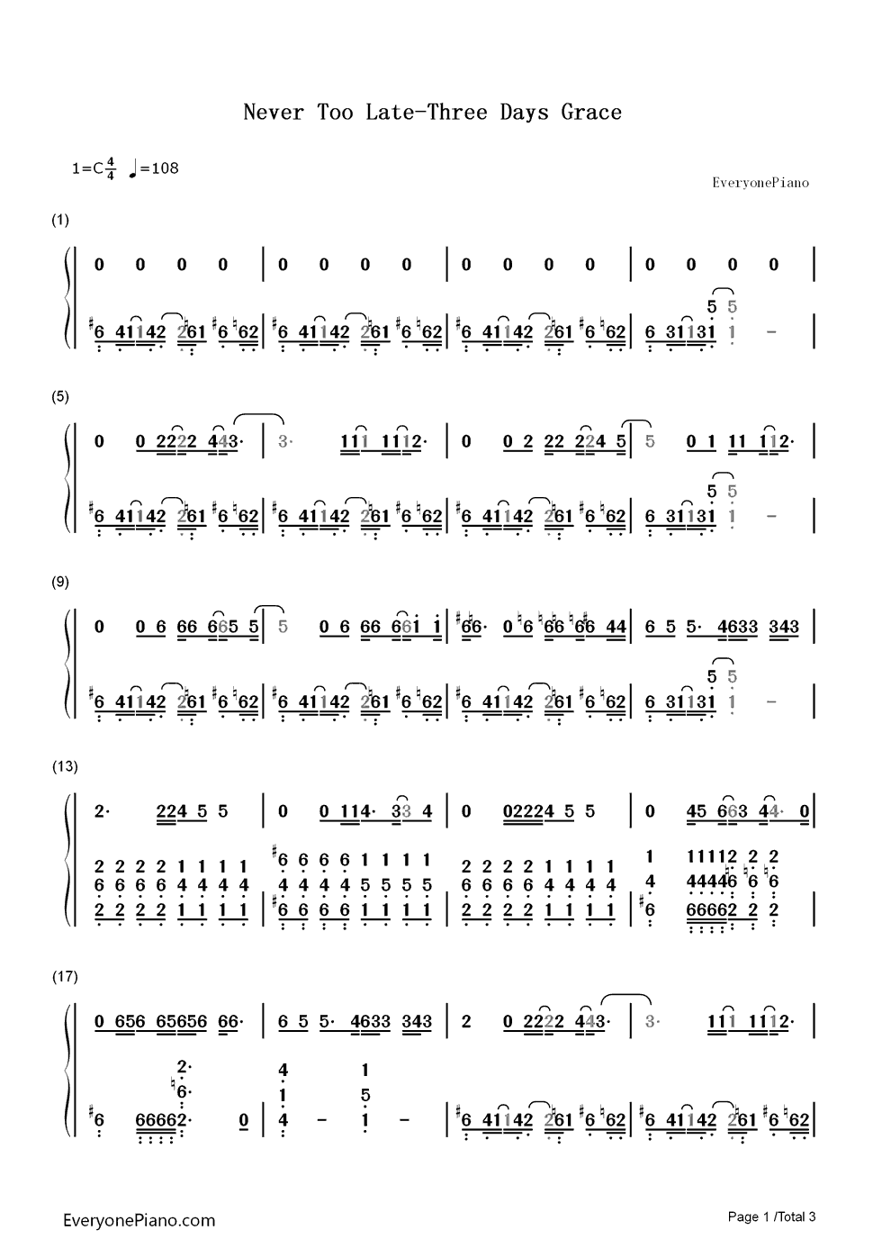 Never Too Late钢琴简谱-数字双手-Three Days Grace1