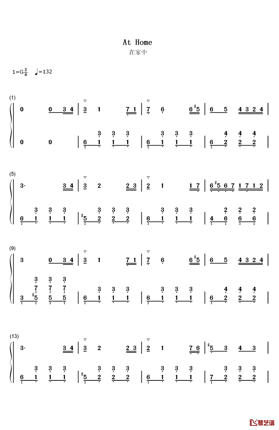 在家中钢琴简谱-数字双手-利什内1