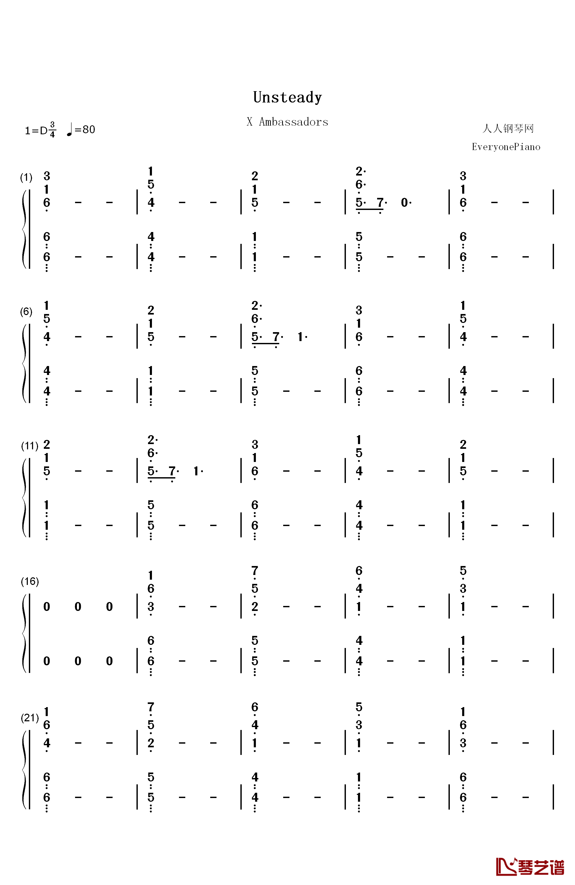 Unsteady钢琴简谱-数字双手-X Ambassadors1