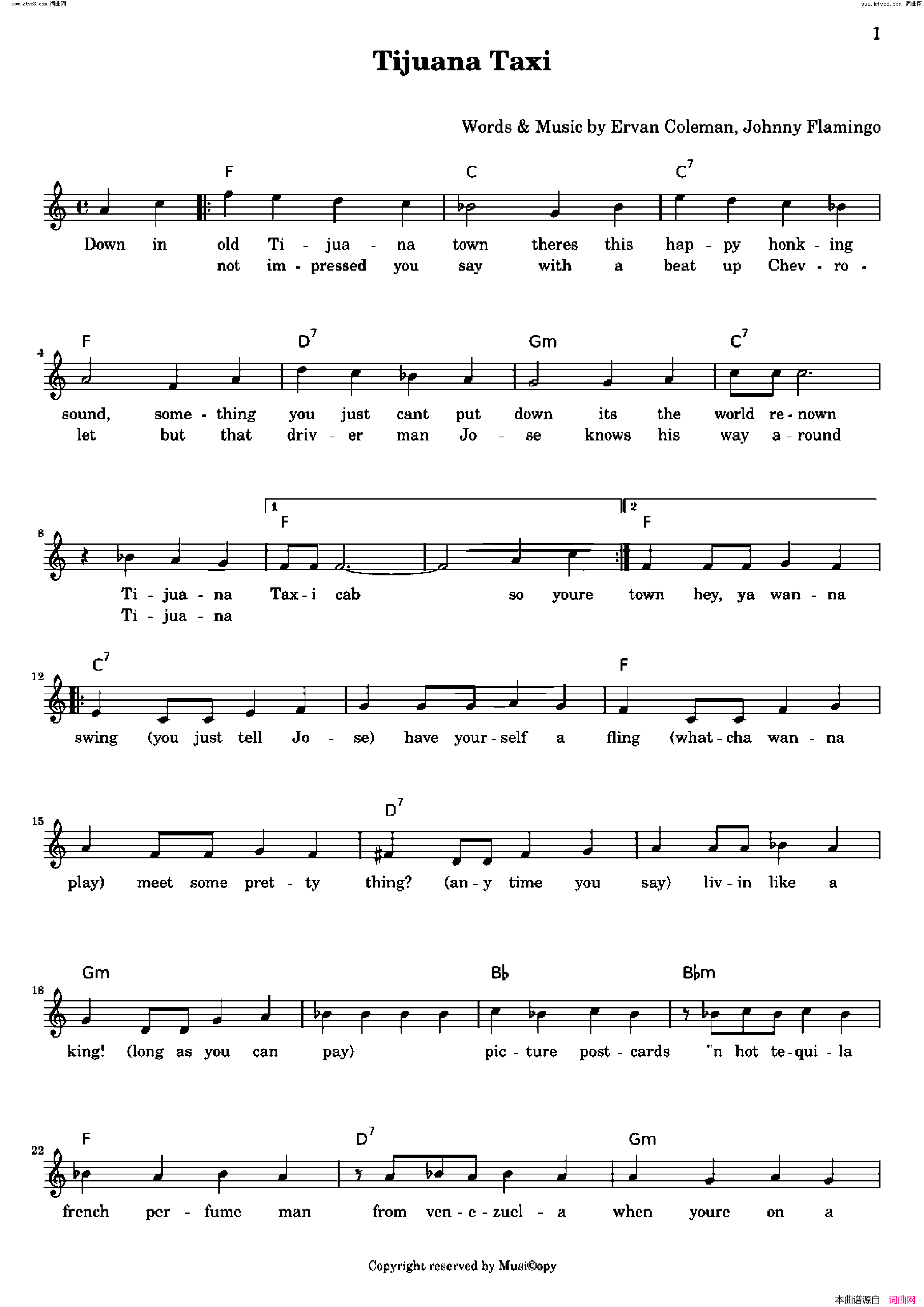 Tijuana Taxi歌曲 人声伴奏简谱1