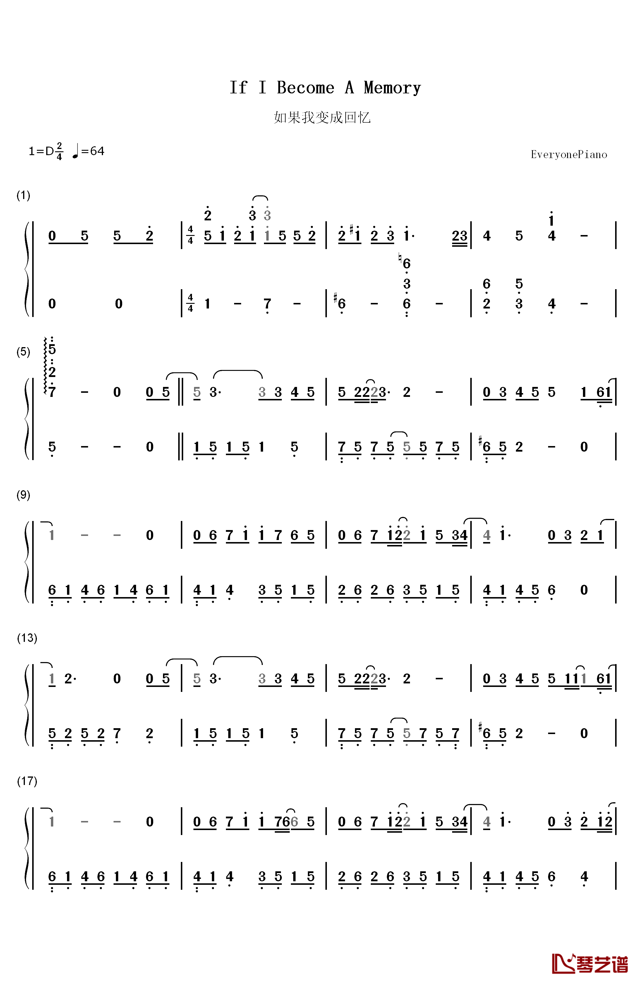 如果我变成回忆钢琴简谱-数字双手-Tank1