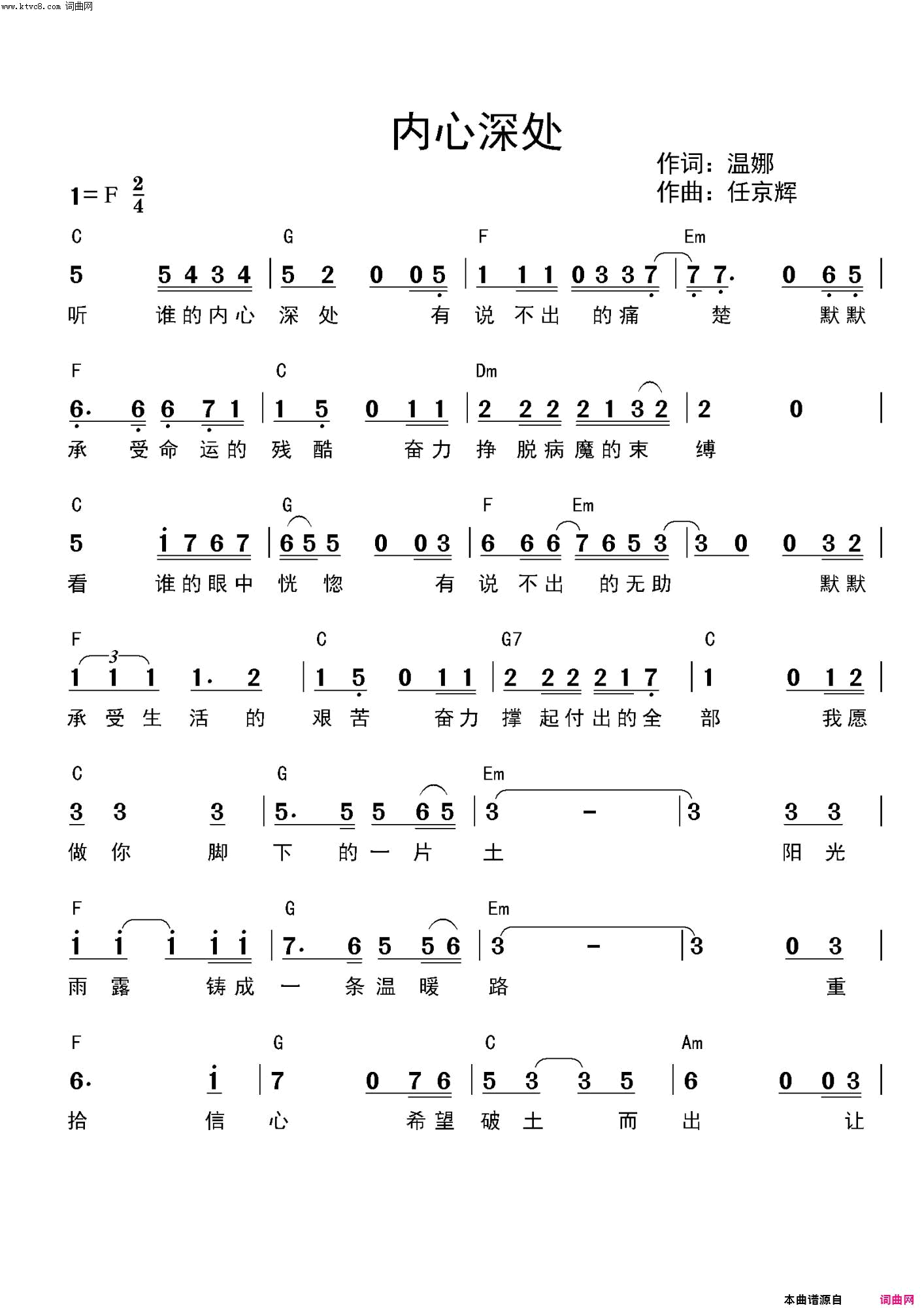 内心深处简谱-任京辉演唱-温娜/任京辉词曲1