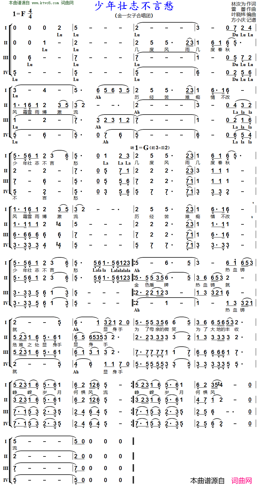 少年壮志不言愁 女声四重唱简谱-金一女子合唱团演唱-林汝为/雷蕾词曲1