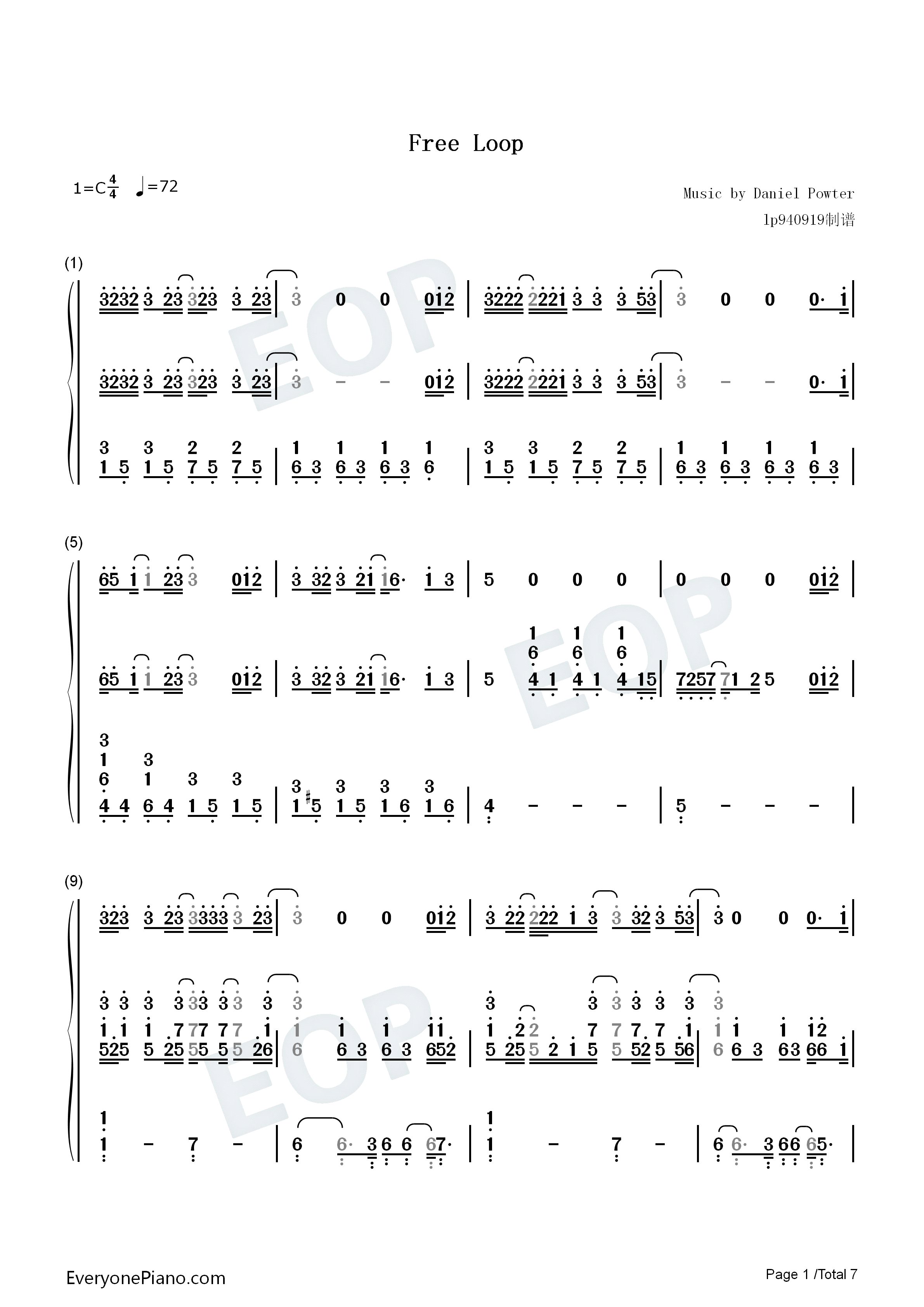 Free Loop欧美经典钢琴简谱-丹尼尔·波特  Daniel Richard Powter演唱1