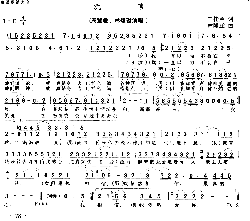 流言简谱-周慧敏林隆旋演唱1