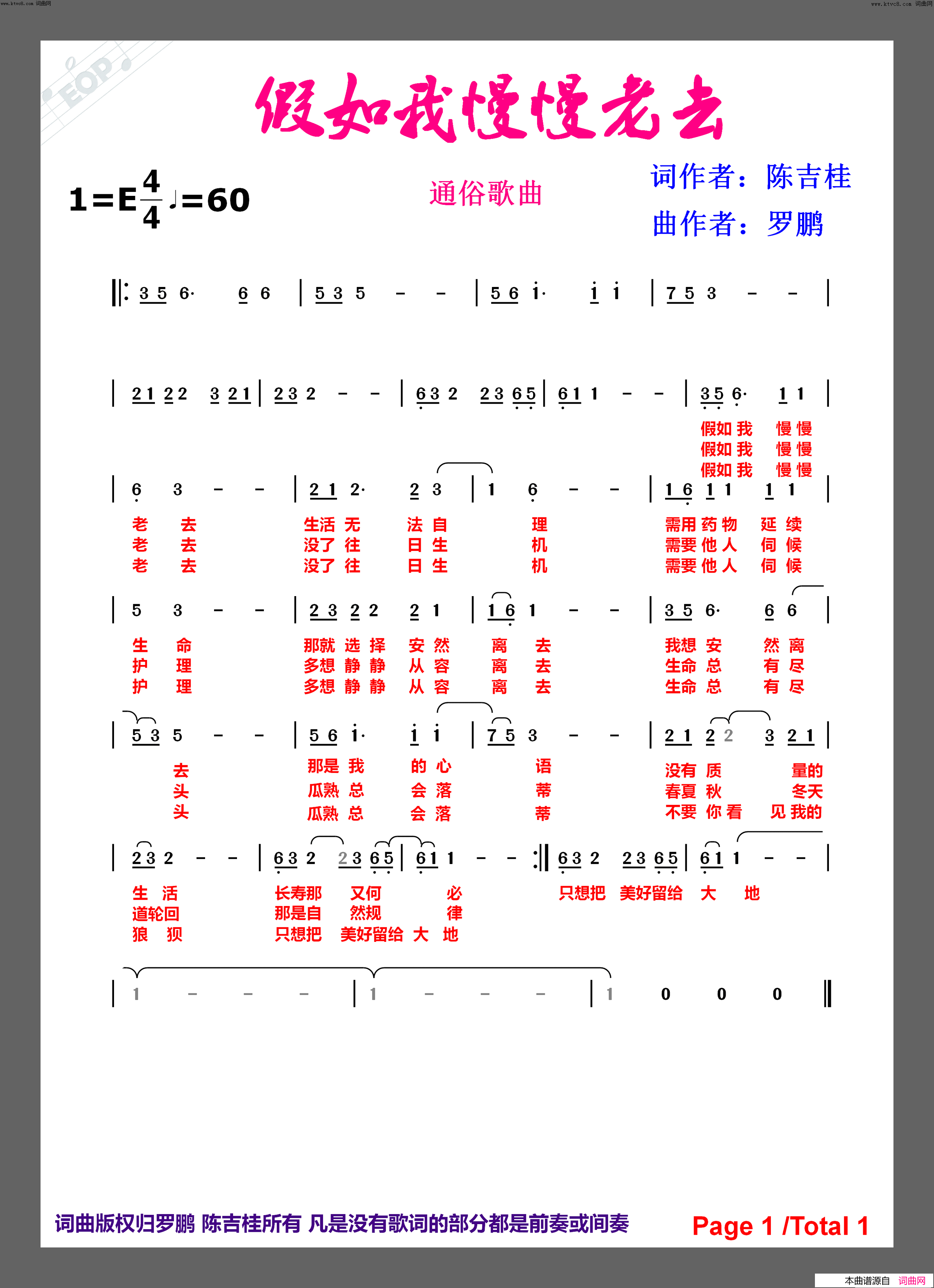 假如我慢慢的老去简谱-罗鹏曲谱1