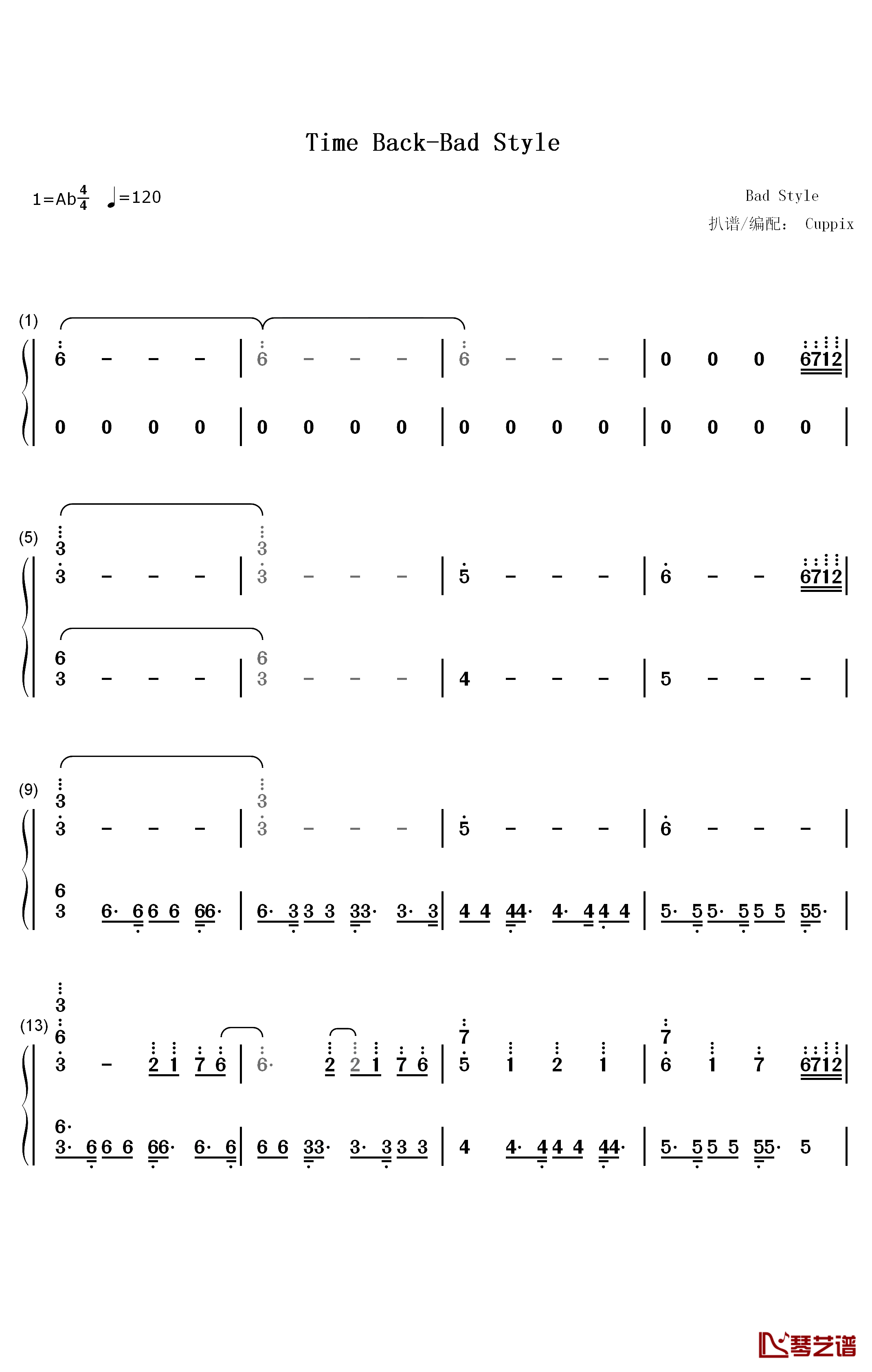 Time Back钢琴简谱-数字双手-Bad Style1