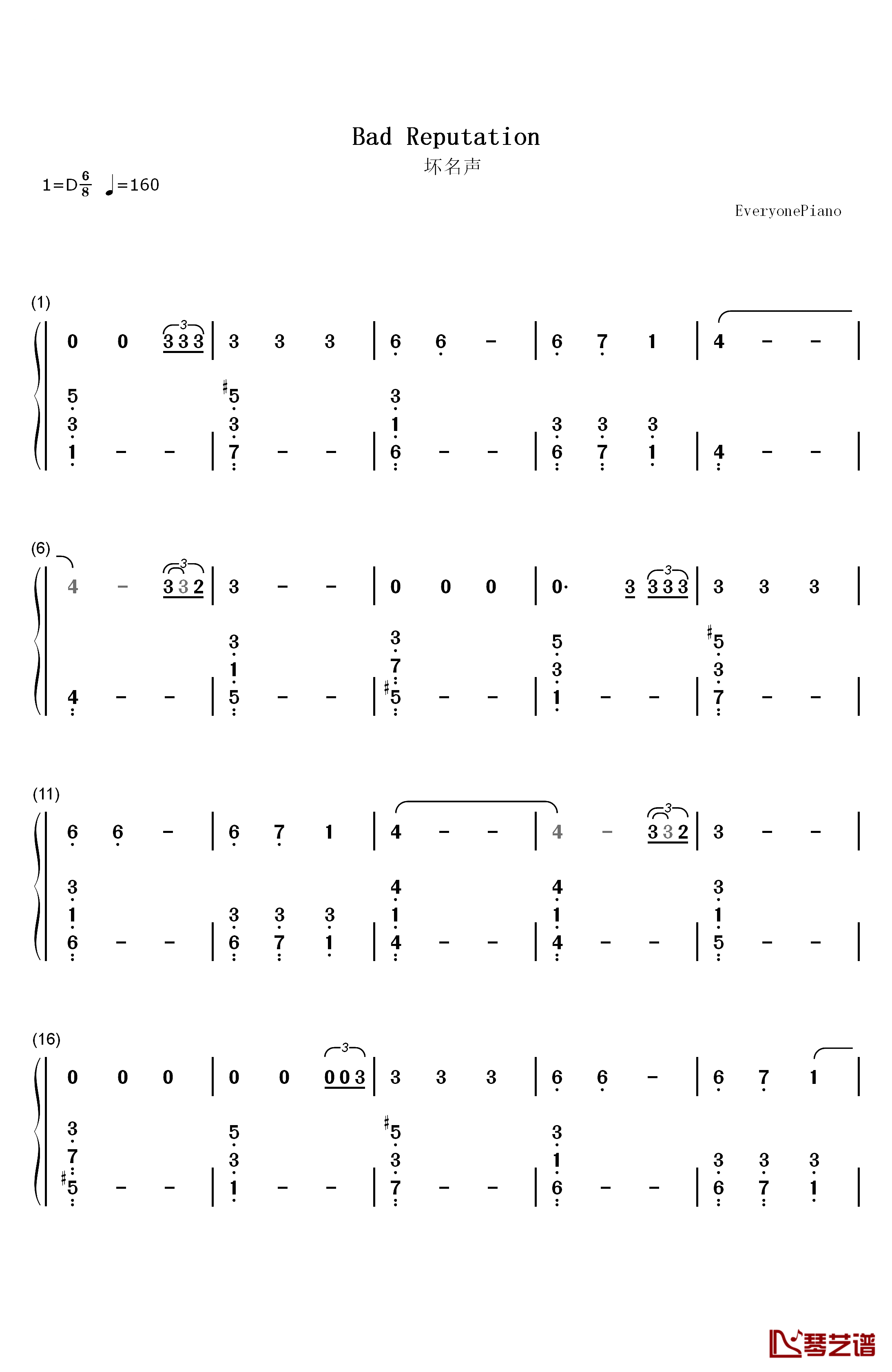 Bad Reputation钢琴简谱-数字双手-Shawn Mendes1