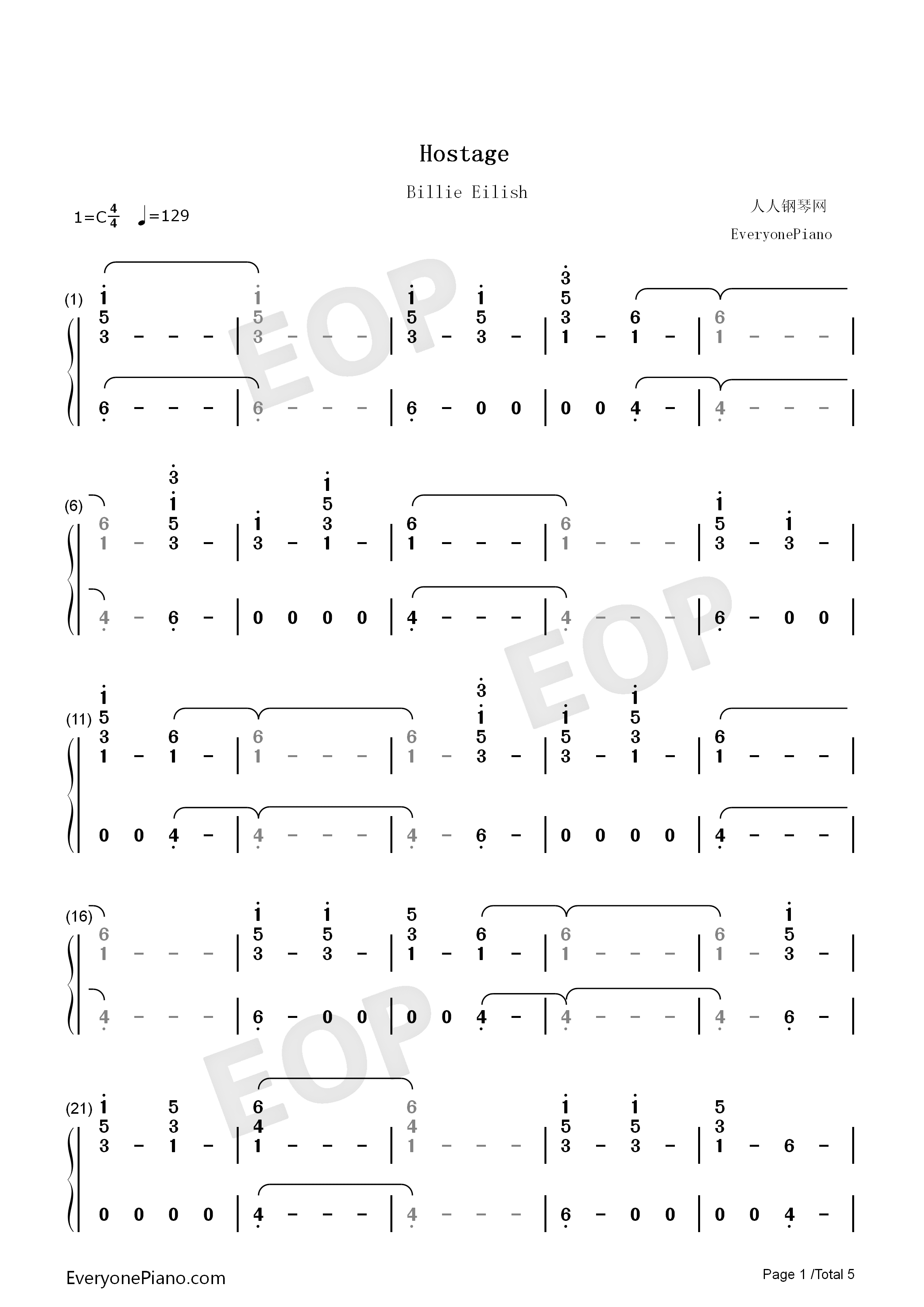 Hostage钢琴简谱-Billie Eilish演唱1
