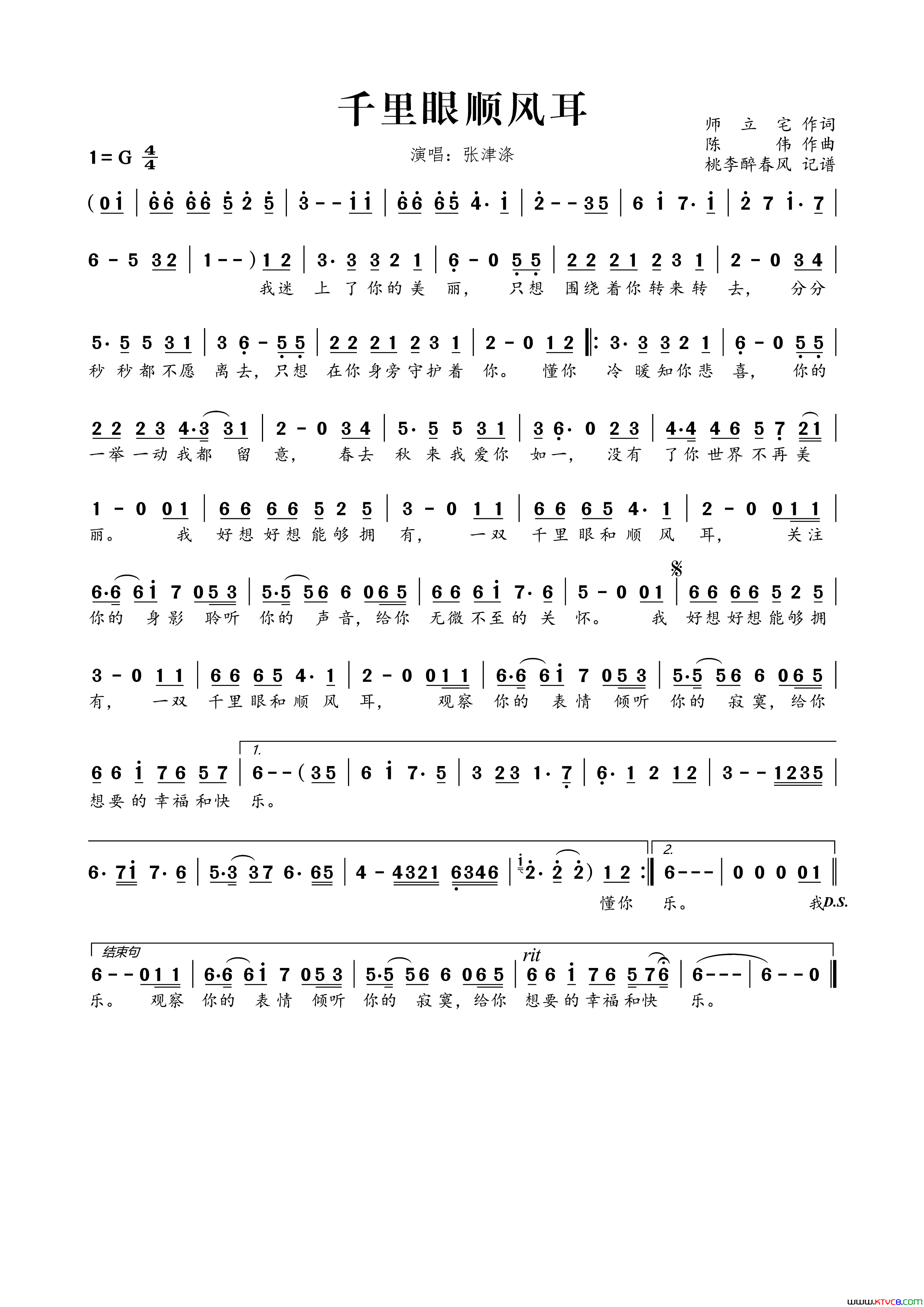 千里眼顺风耳简谱-张津涤演唱-师立宅/陈伟词曲1