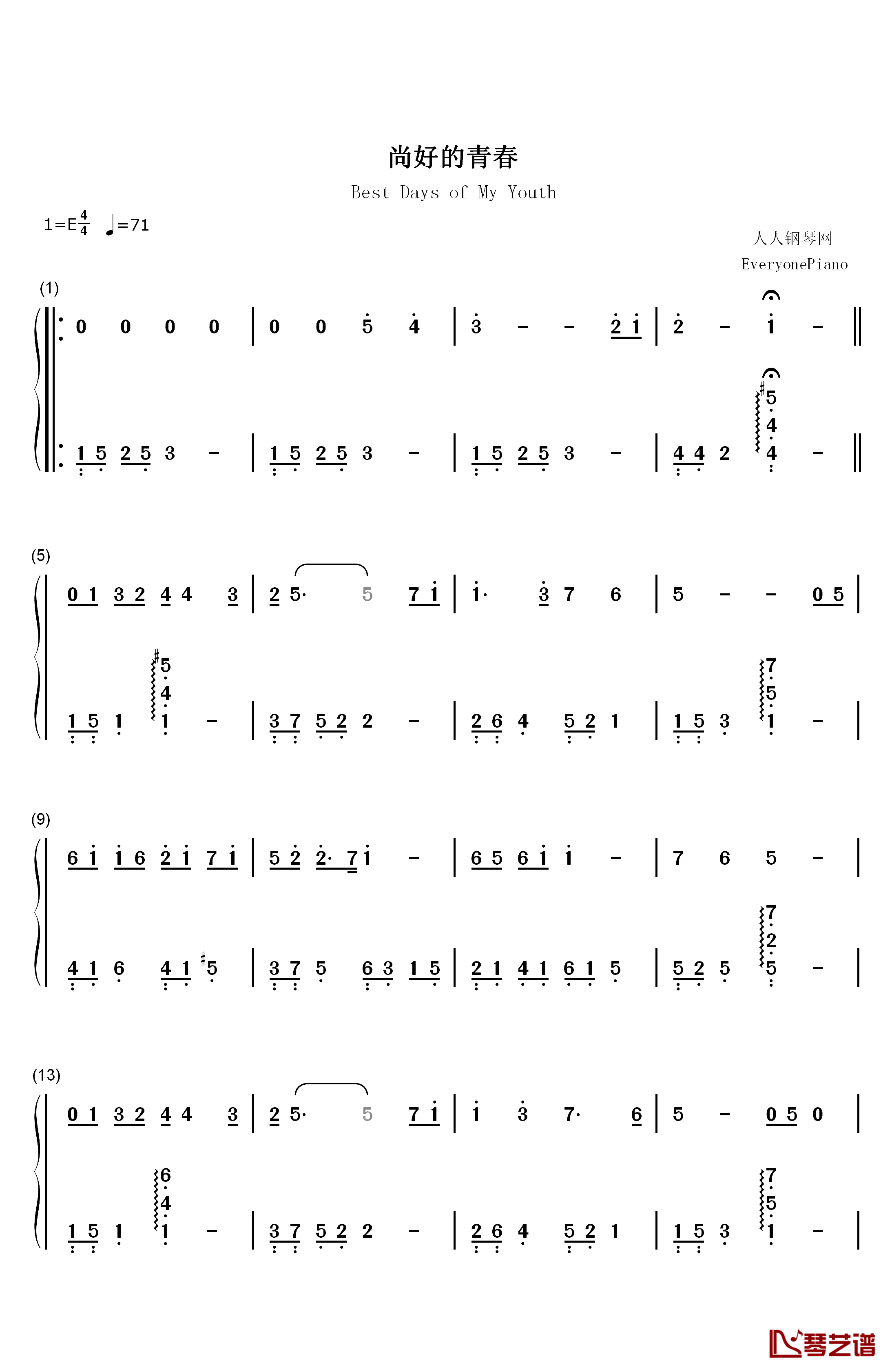 尚好的青春钢琴简谱-数字双手-孙燕姿1