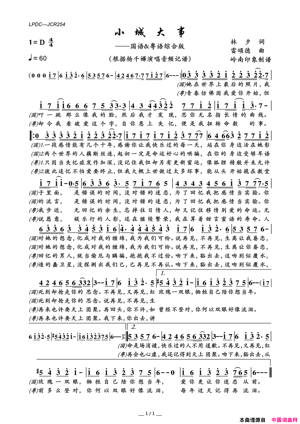 小城大事简谱-杨千嬅演唱-林夕/雷颂德词曲1