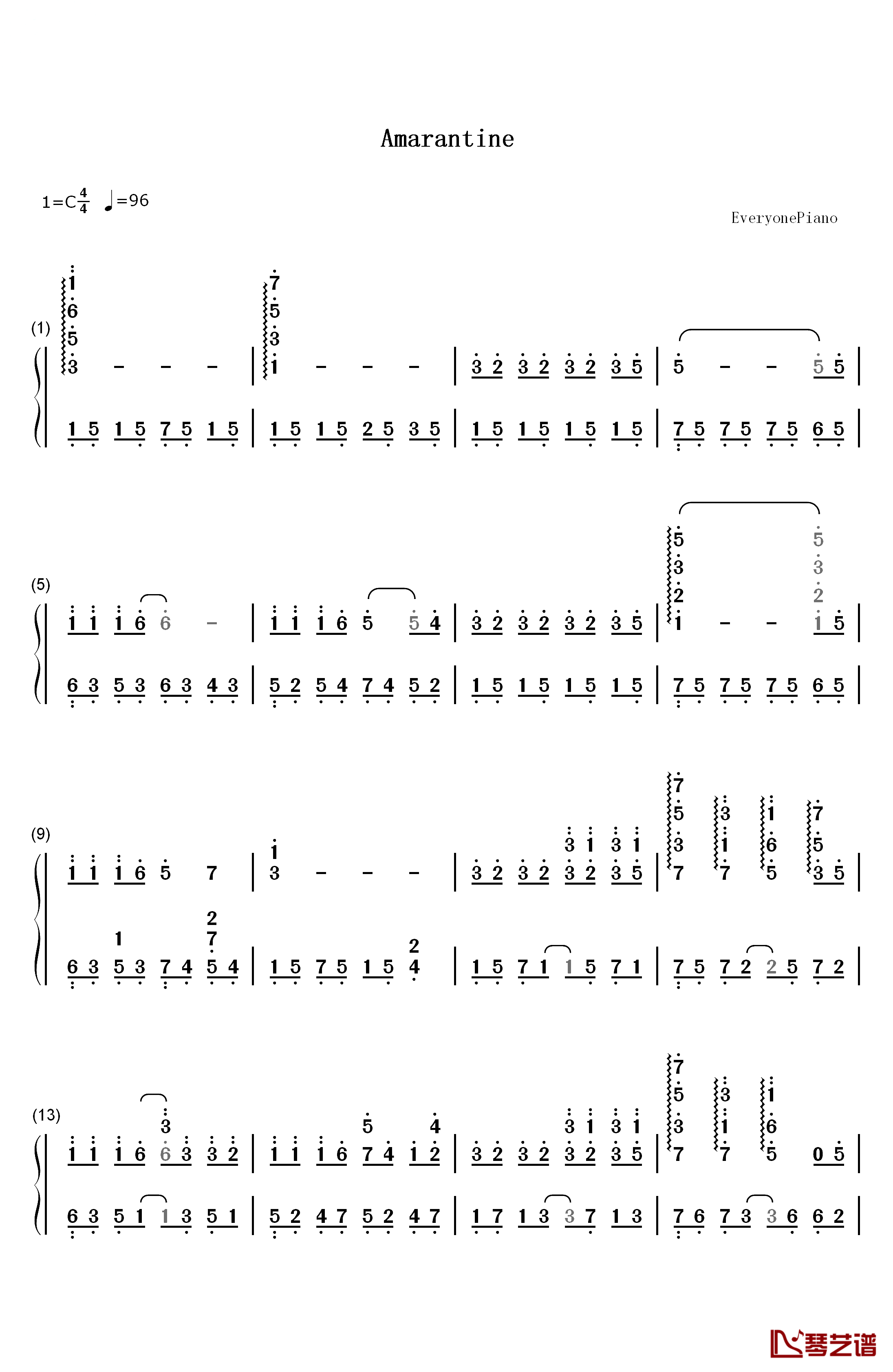 Amarantine钢琴简谱-数字双手-恩雅1