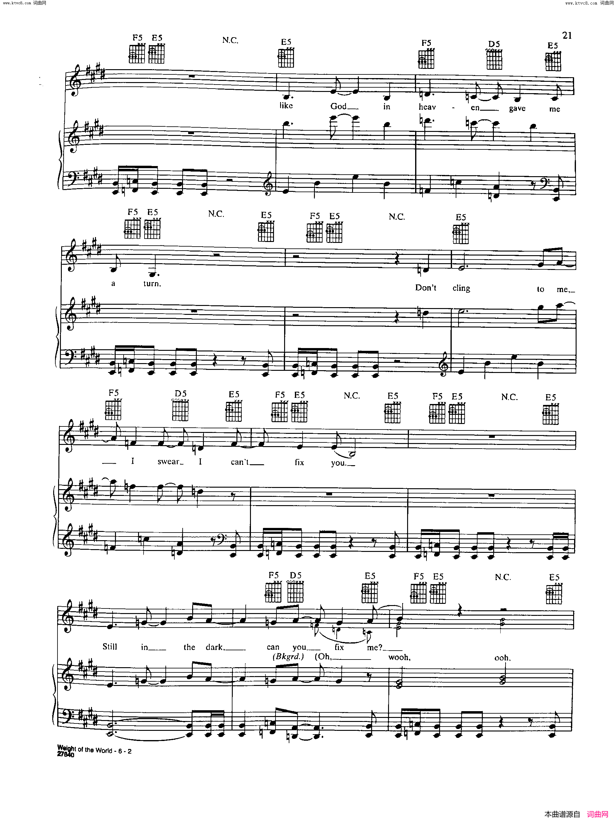 Weight Of The World歌曲 人声吉他钢琴谱简谱1