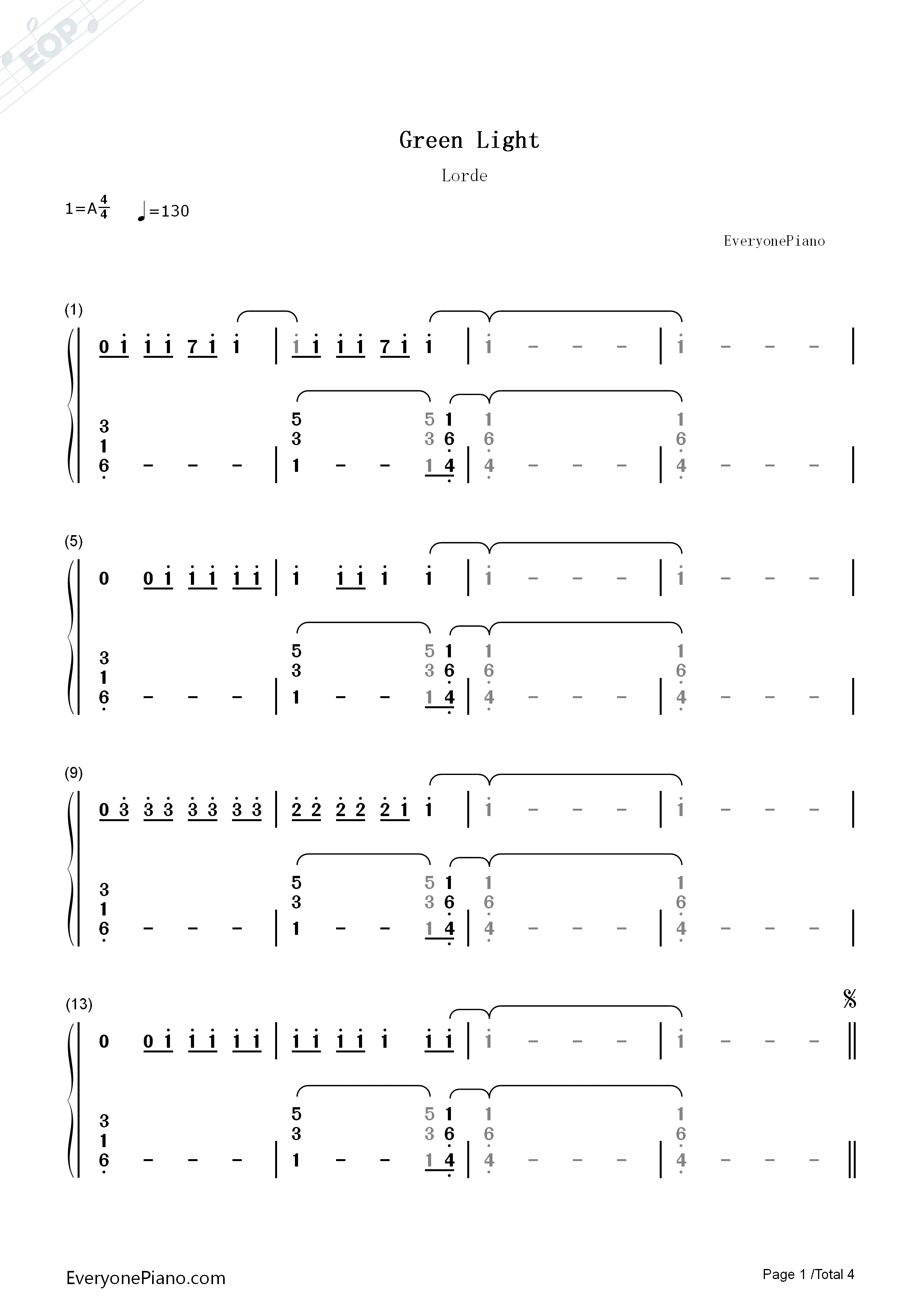 Green Light钢琴简谱-Lorde演唱1
