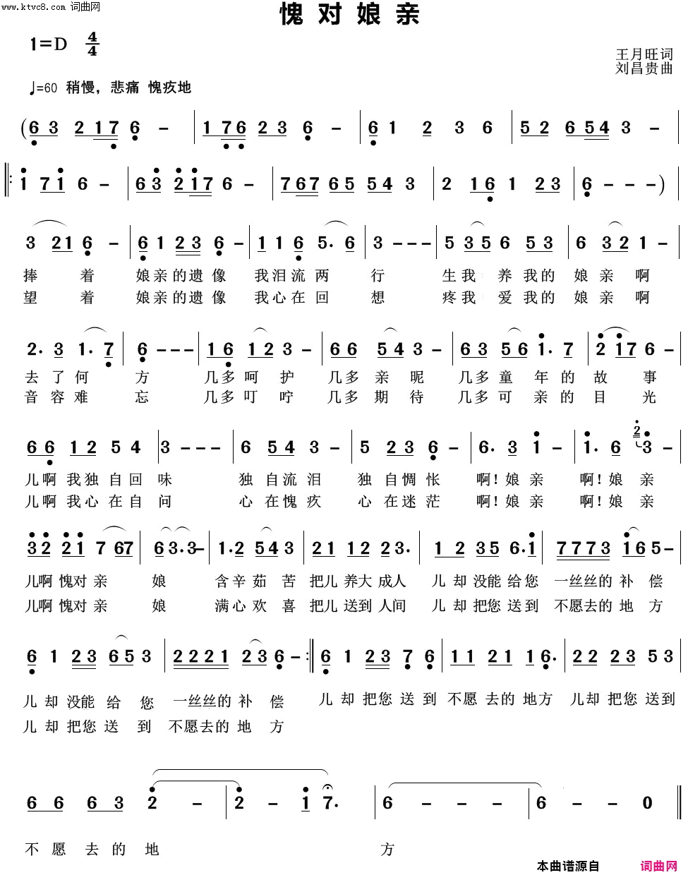 愧对娘亲简谱-袁清香演唱-王月旺/刘昌贵词曲1