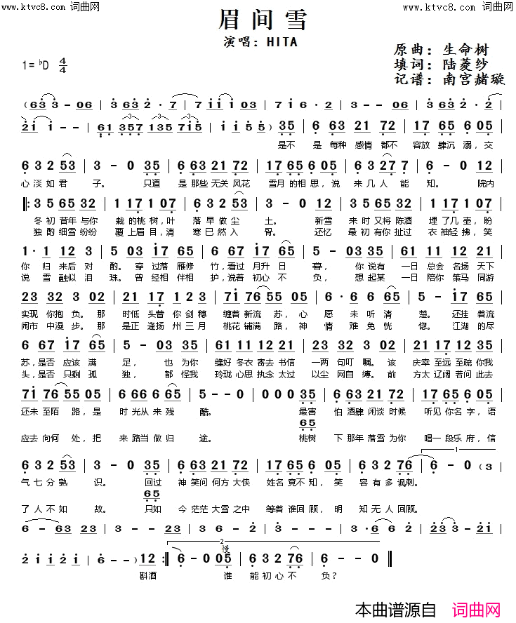 眉间雪简谱-HITA演唱-陆菱纱/《生命树》词曲1