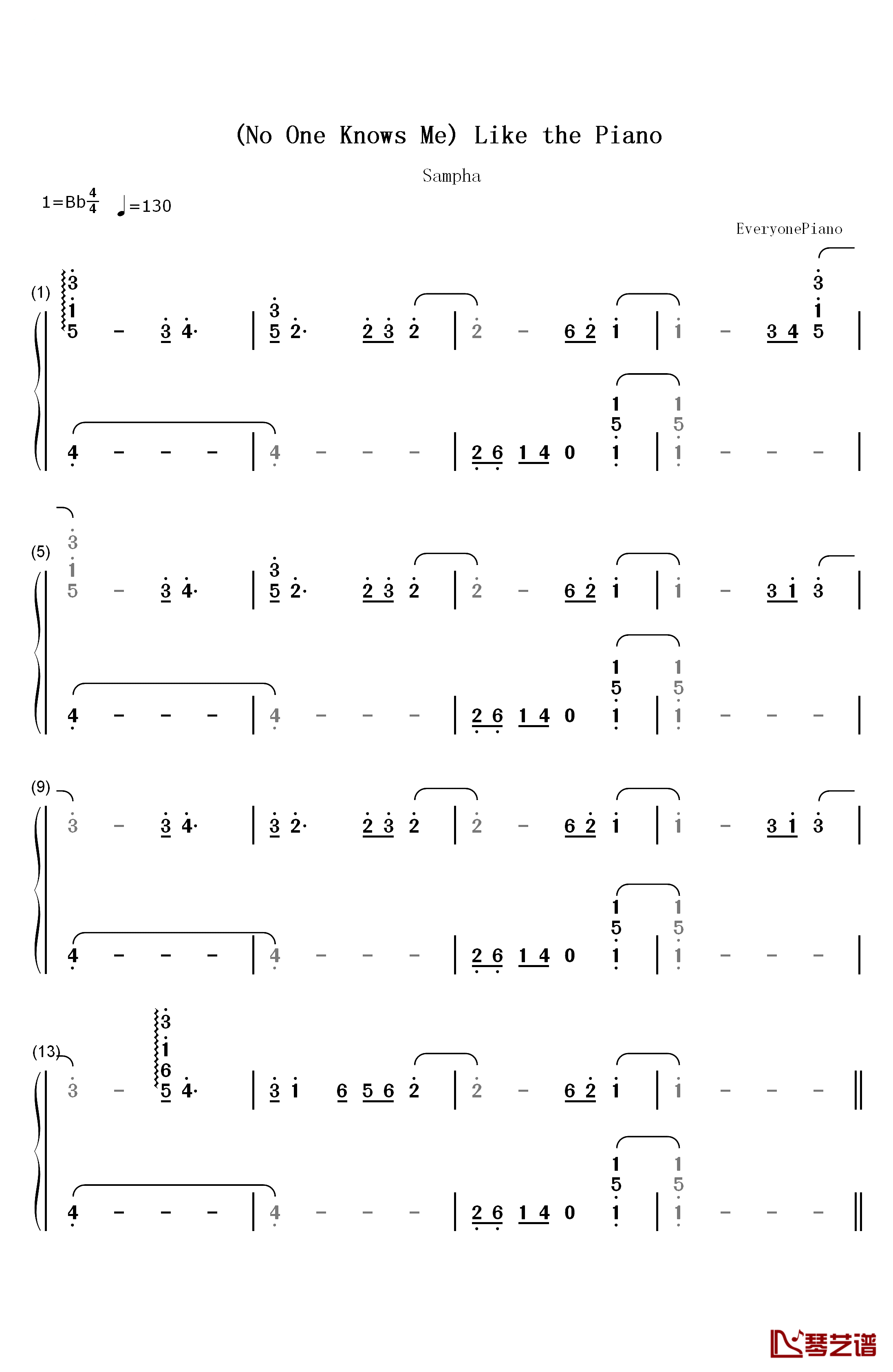 No One Knows Me Like the Piano钢琴简谱-数字双手-Sampha1