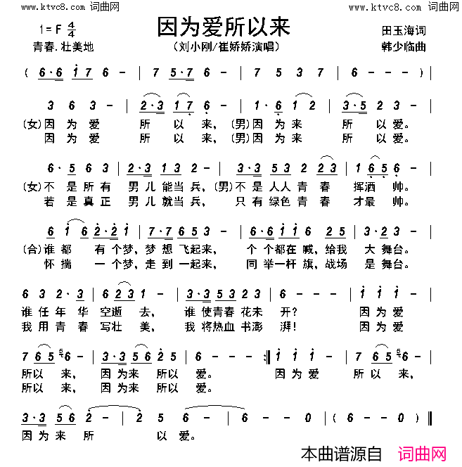 因为爱所以来简谱-刘小刚演唱-田玉海/韩少临词曲1