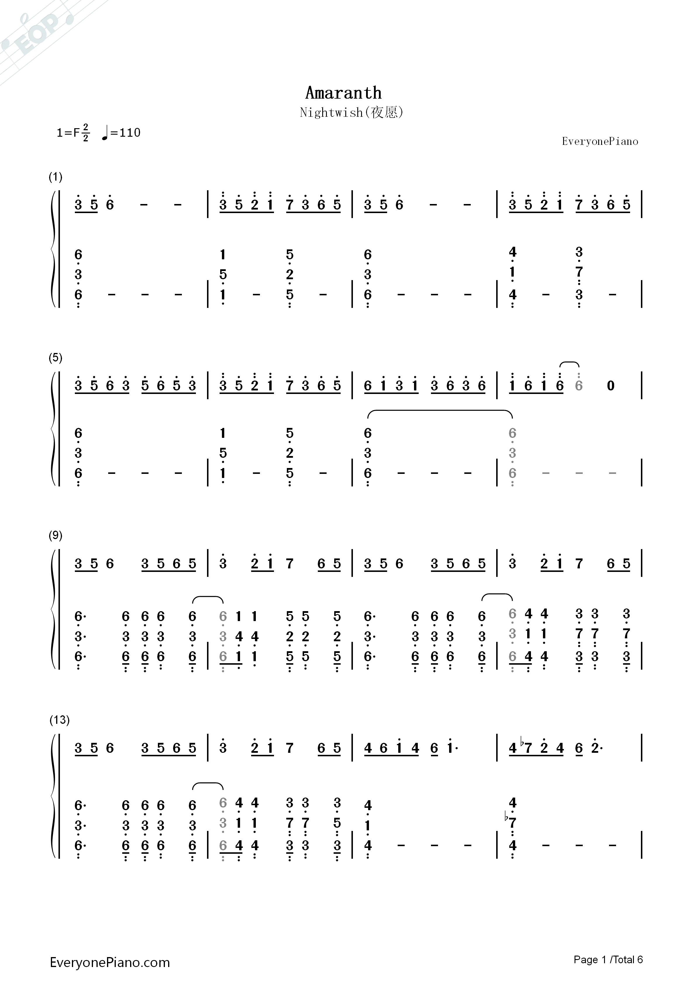 Amaranth钢琴简谱-Nightwish演唱1