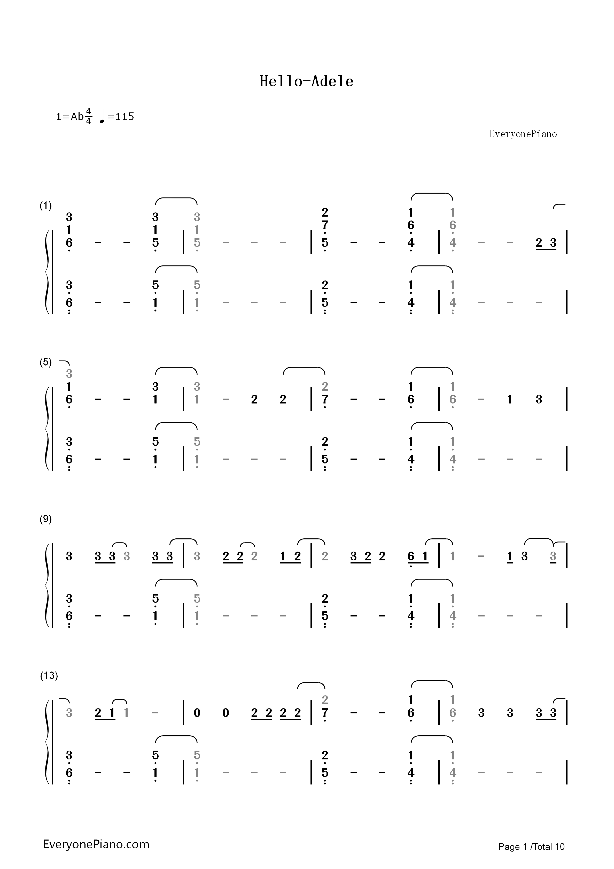 Hello钢琴简谱-Adele演唱1