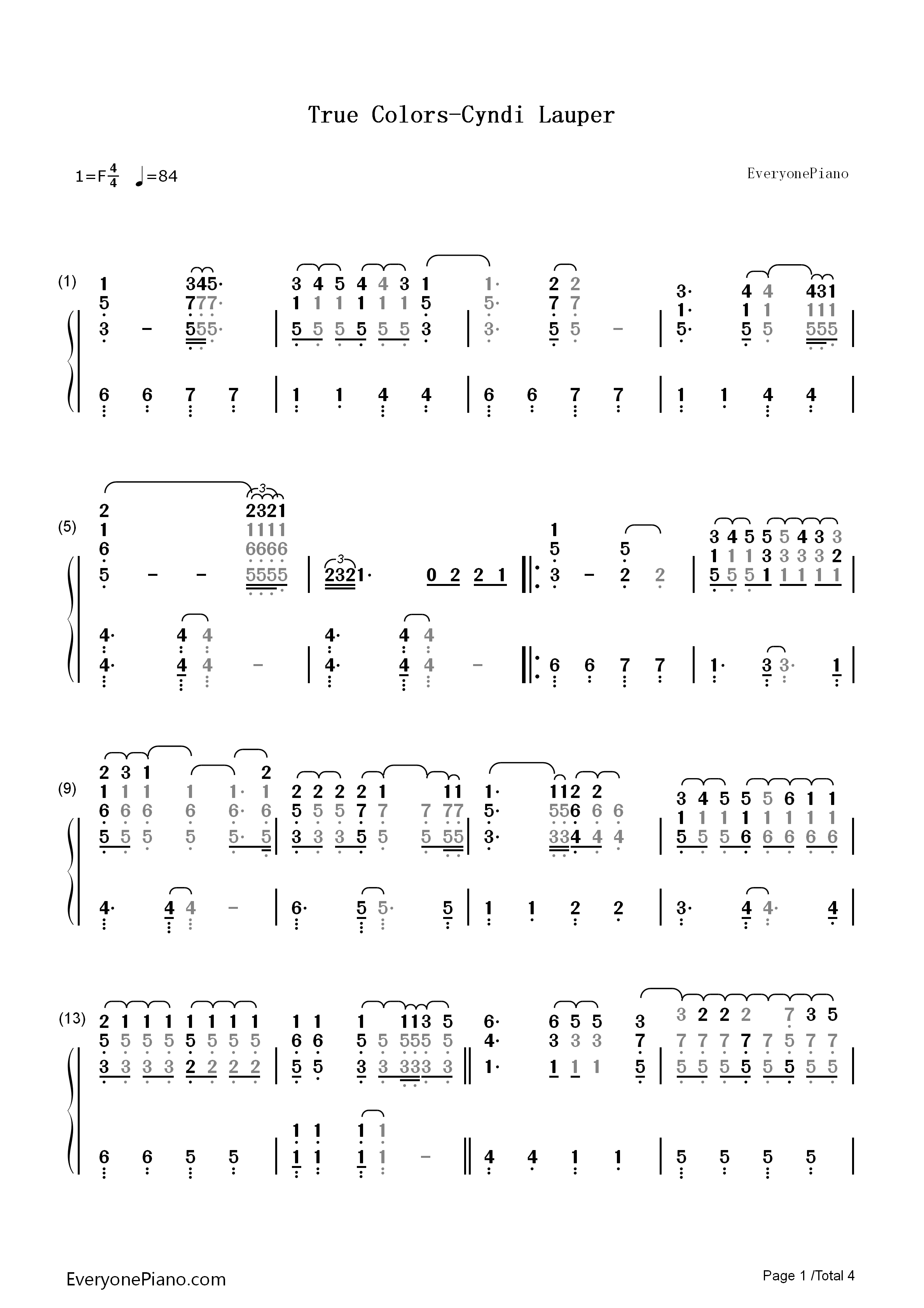 True Colors钢琴简谱-Cyndi Lauper演唱1