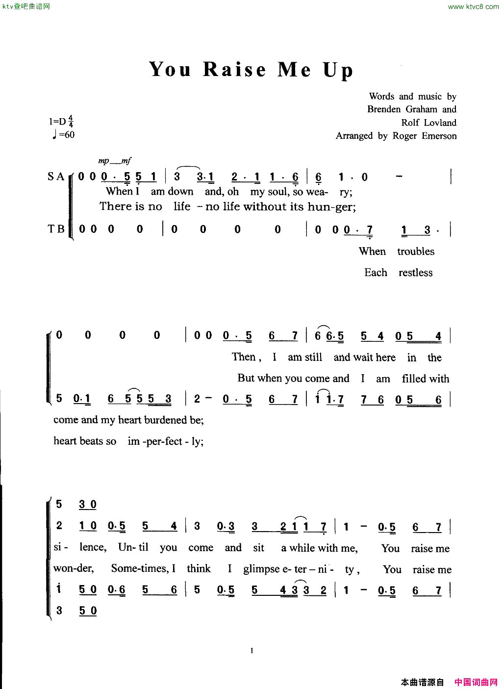 YouRaiseMeUp混声合唱英语简谱-Roger Emerson演唱-Brendan Graham/Rolf Lovland词曲1