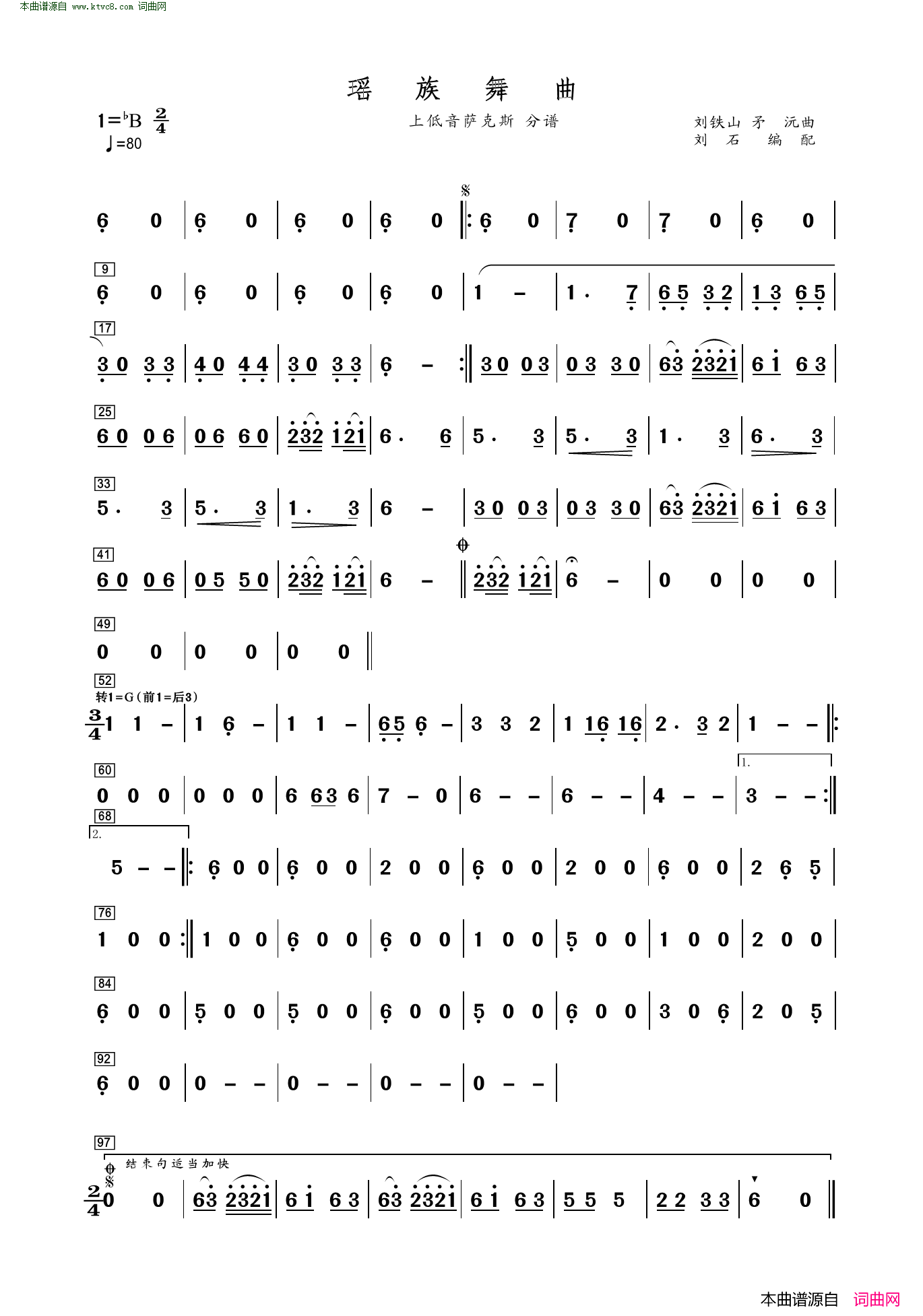 瑶族舞曲上低音萨克斯分谱简谱-矛沅演唱-作曲：刘铁山词曲1