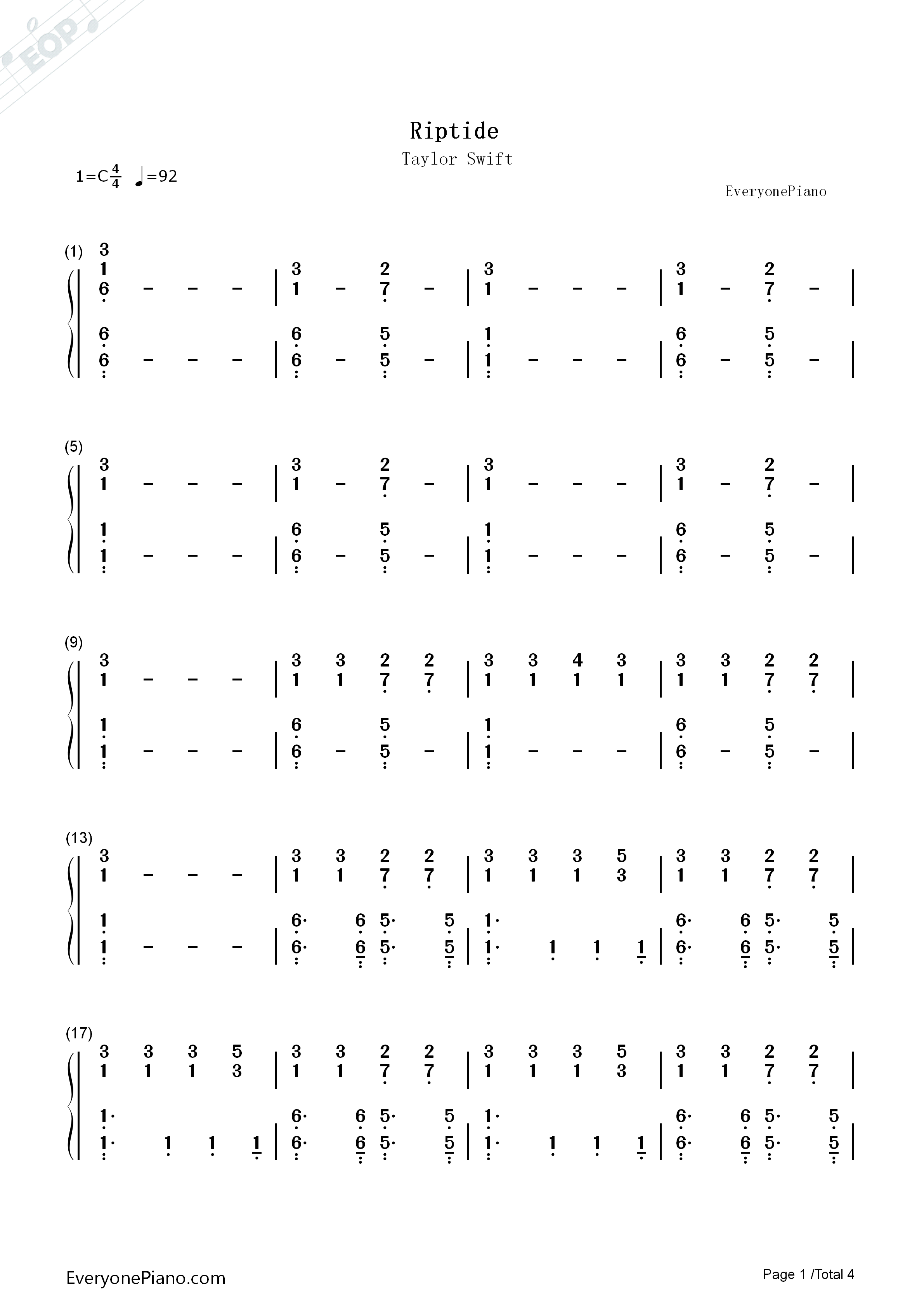 Riptide钢琴简谱-Taylor Swift演唱1