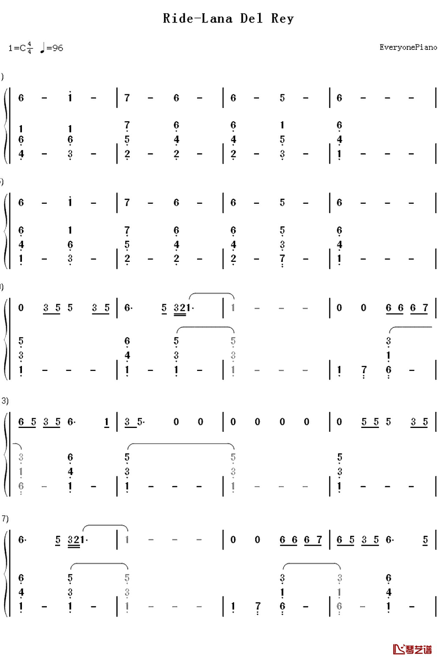 Ride钢琴简谱-数字双手-Lana Del Rey1