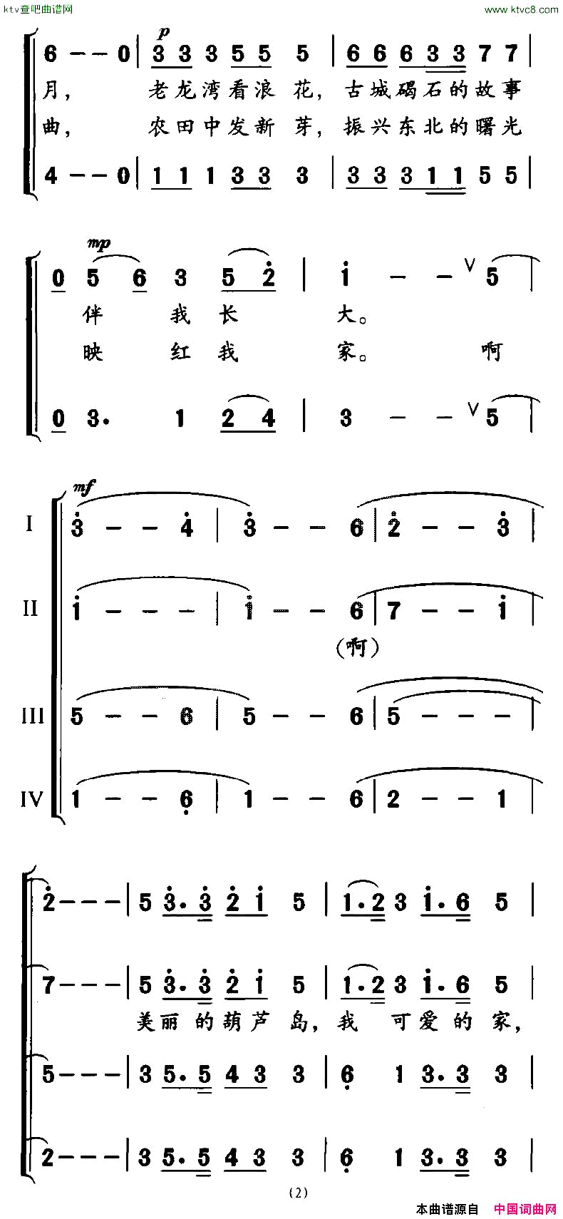 美丽的葫芦岛男声四重唱简谱1