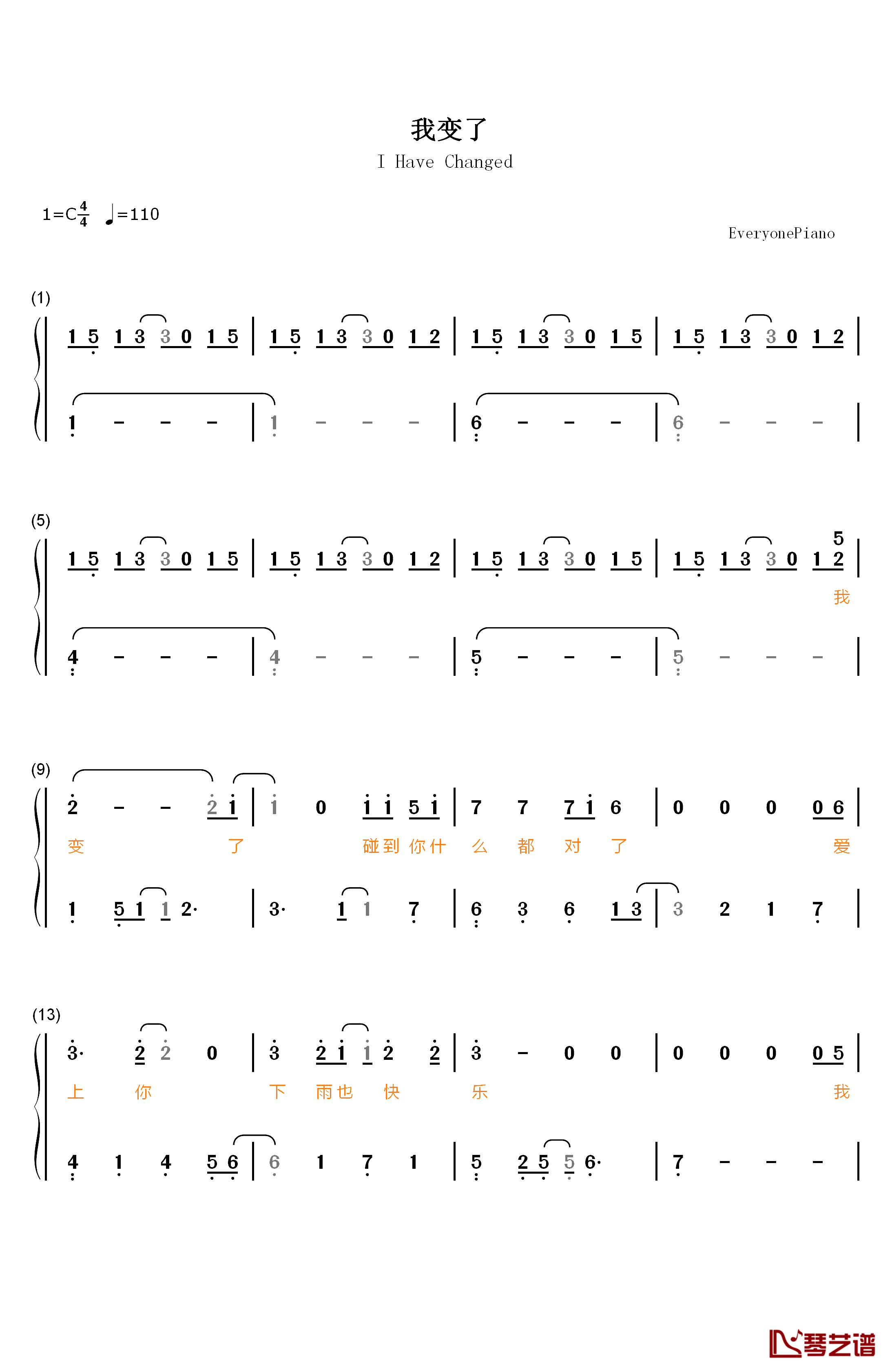 我变了钢琴简谱-数字双手-李宇春1