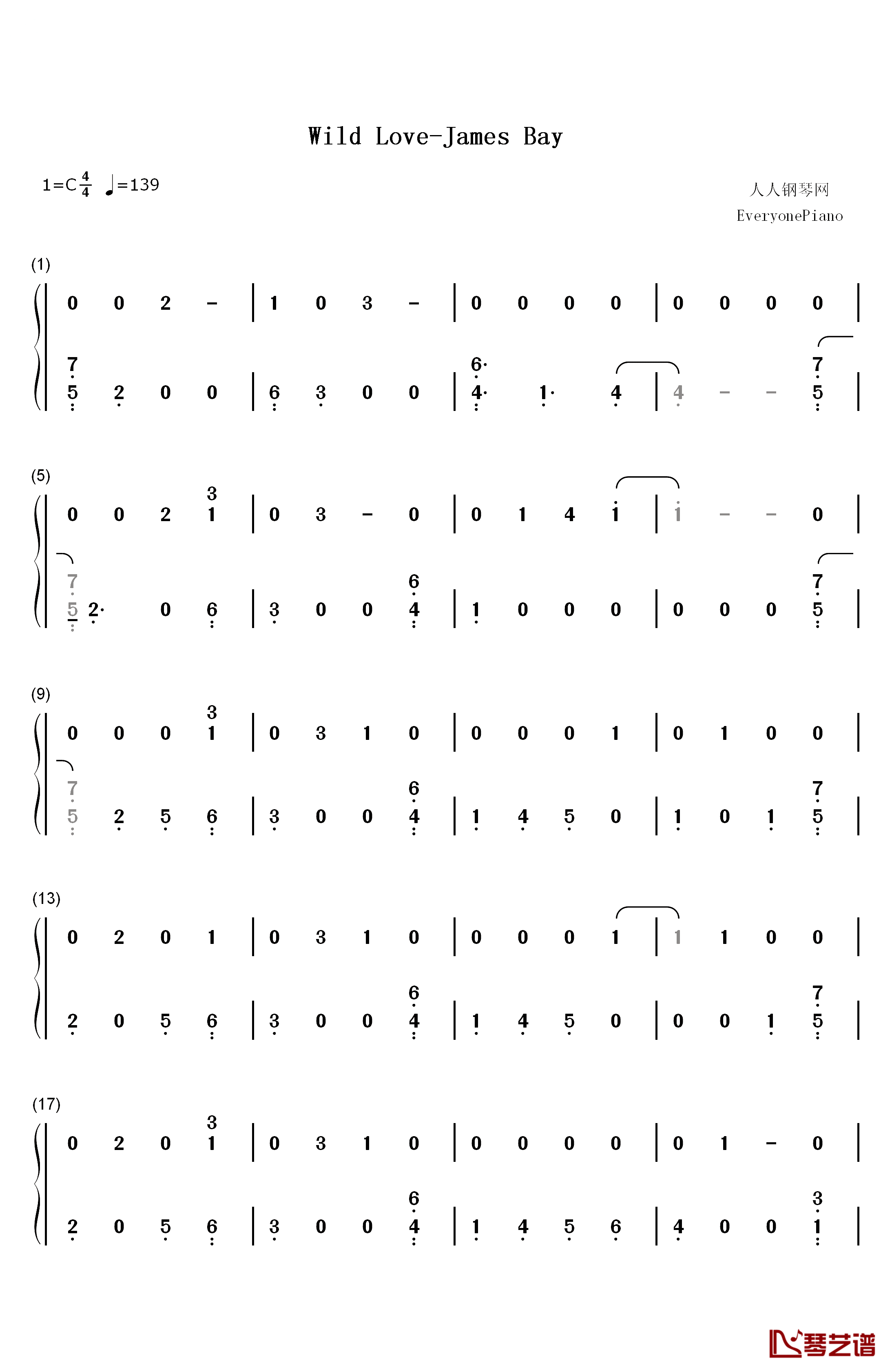 Wild Love钢琴简谱-数字双手-James Bay1