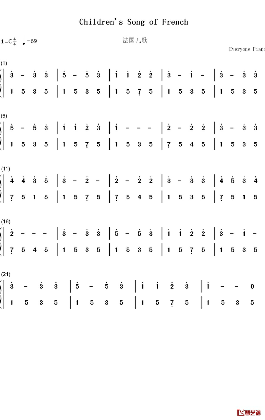 法国儿歌钢琴简谱-数字双手-贝尔1